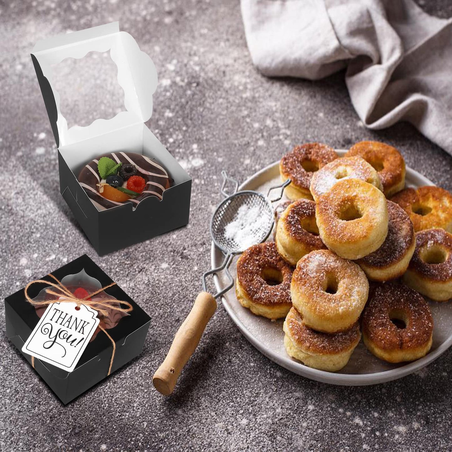 KPOSIYA 60 Pcs Black Bakery Boxes with Window - 4x4x2.5 Inch Individual Cupcake Boxes - Kraft Paper Black Gift Box for Pastries, Cookies, Pie, Donuts, Macaroon