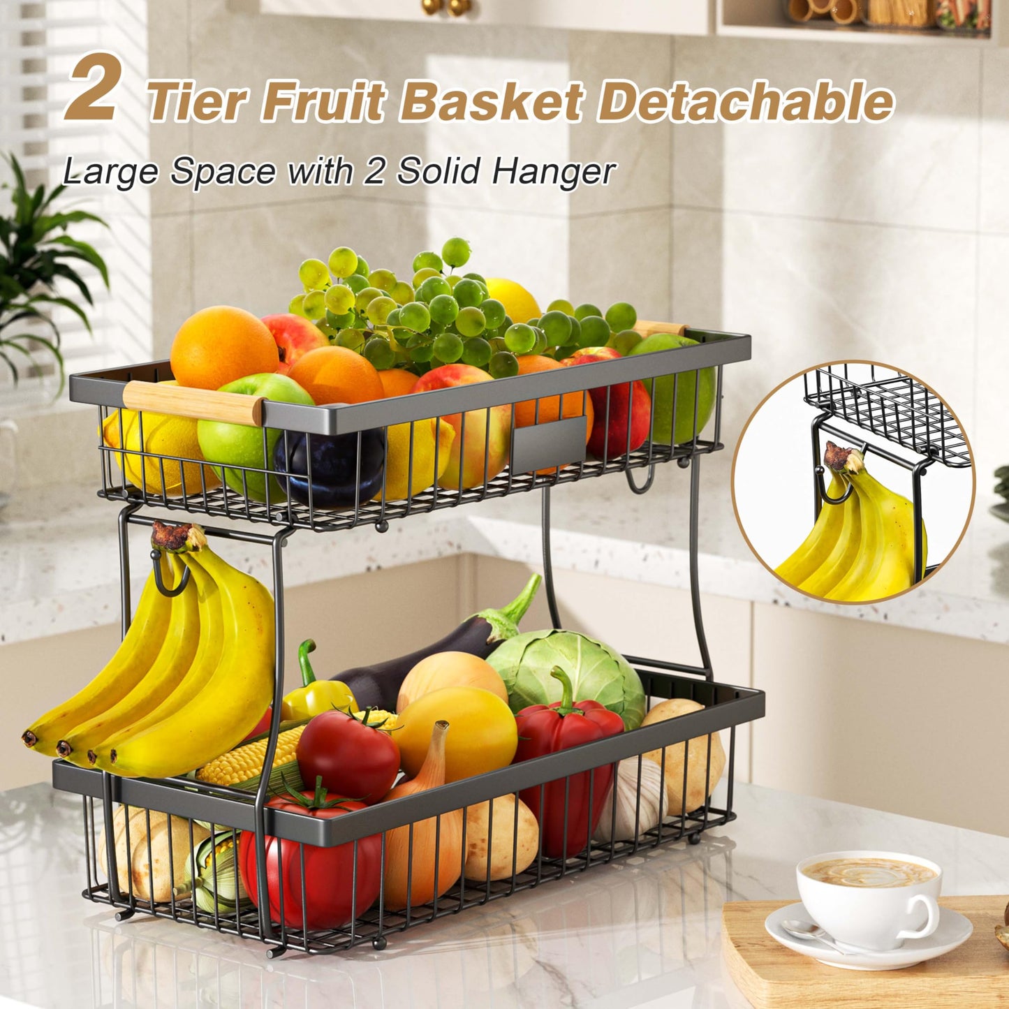 2 Tier Fruit Basket for Kitchen Counter,Wire Tiered Fruit Stand with Hangers&Handle,Corner Vegetable Rack,Two Tier Kitchen Basket for Fruits,Veggies,Snacks,Onions,Black