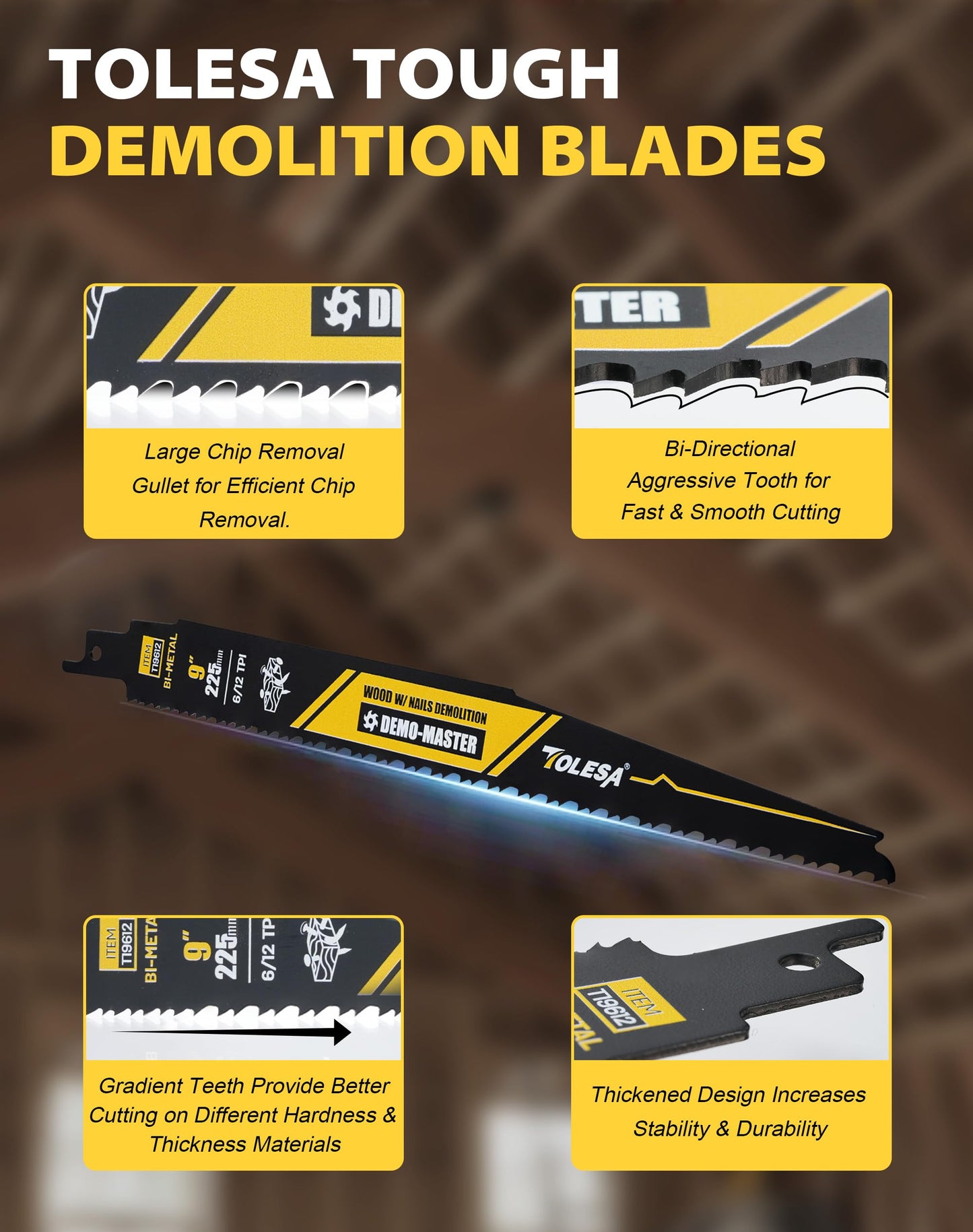 TOLESA 9 Inch 6/12 TPI Reciprocating Saw Blades for Wood and Nail-Embedded Wood Cutting, 5 Pack Bi-Metal Bi-Directional Aggressive Tooth for Fast & Smooth Cutting