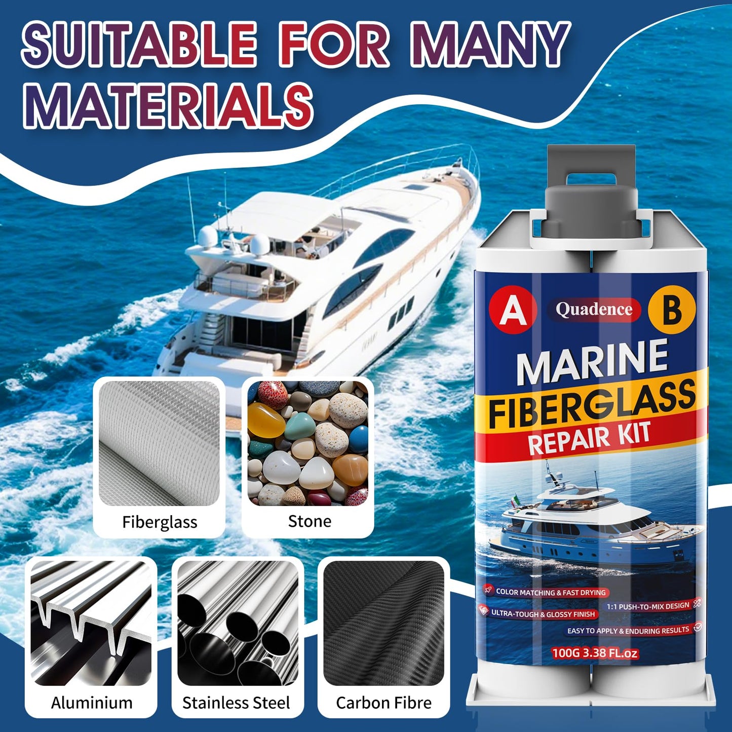 Marine Fiberglass Repair Kit, Quadence gelcoat Repair kit for Boats, Waterproof Epoxy Filler for Fiberglass Boats Fix Holes, Chips, Deep Cracks, Scratches- Fast Drying, Color Match