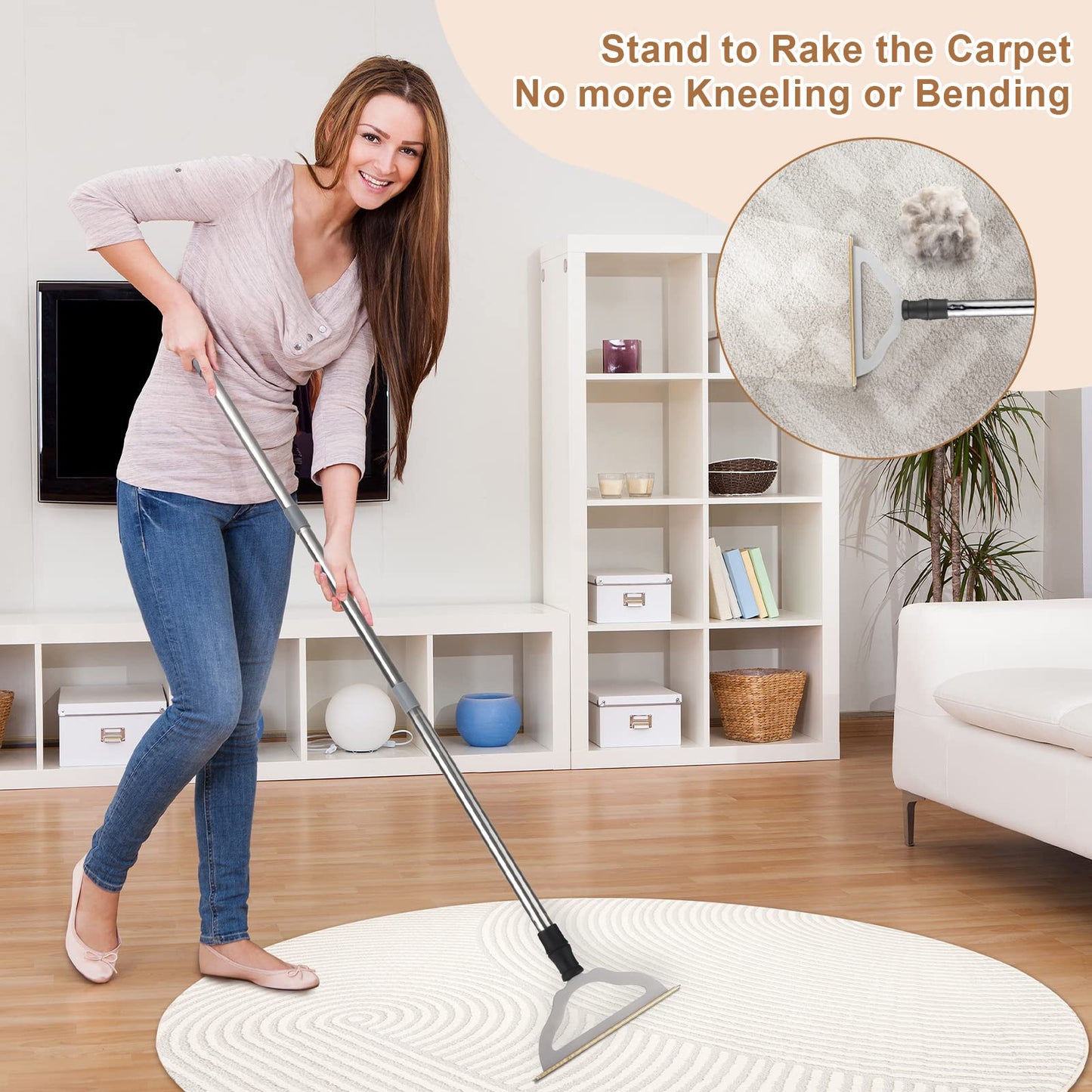47“ Adjustable Long Handle Carpet Rake Pet Hair Remover, Reusable Metal Lint Remover Brush for Stubborn Fur Removal from Carpets Rugs Stairs, Carpet Brush Scraper Dog Cat Hair Remover Broom