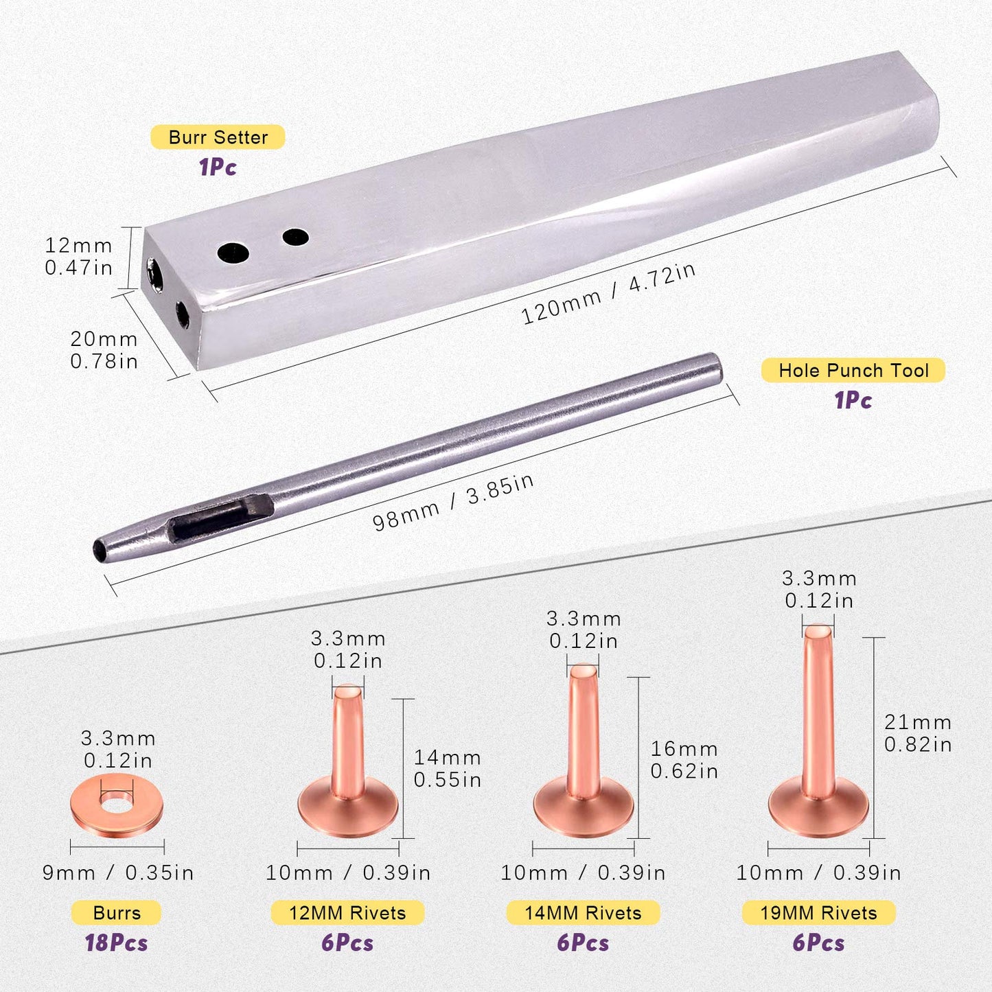 Swpeet 38Pcs 3 Sizes Copper Rivet and Burrs Assortment Kit, Including Stainless Steel Burr Setter and Copper Rivet Fastener Install Setting Tool for Belts Wallets Collars Leather DIY Craft Supplies