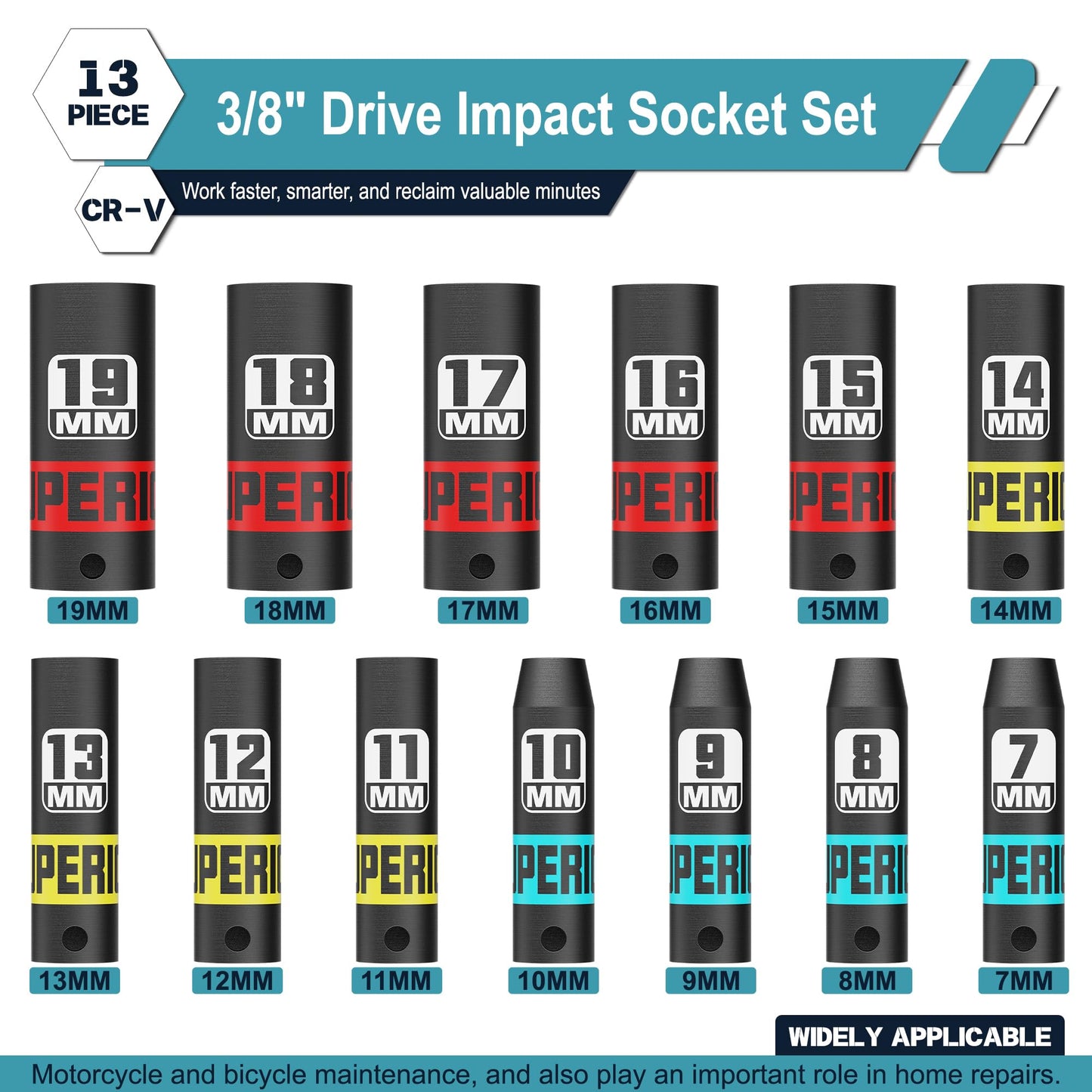 Aiourx 13 Piece 3/8" Drive Impact Socket Set, 7 mm-19 mm Deep Socket, Metric, 6-Point CR-V Steel, Automotive, Machinery, and Equipment Maintenance