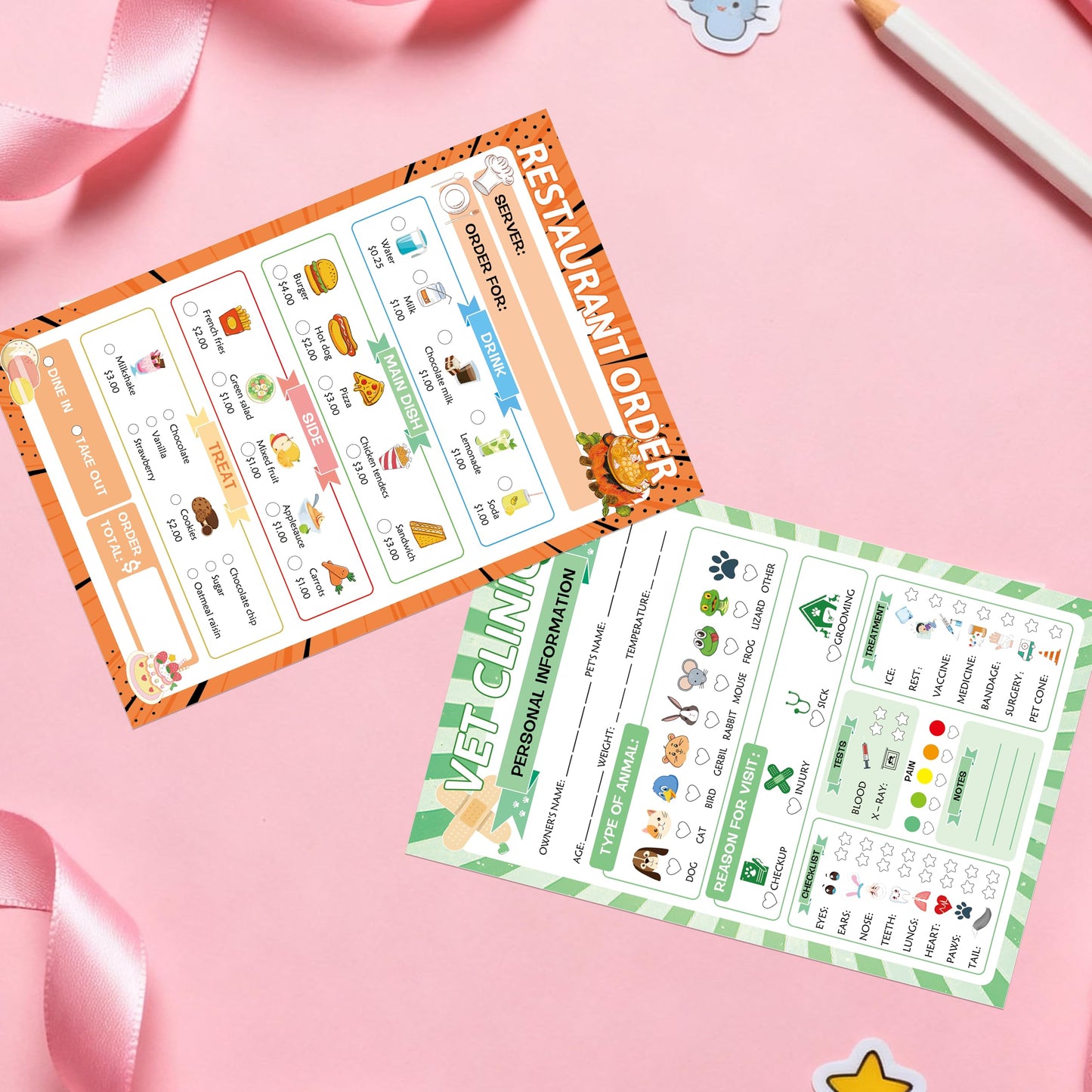 Pretend Play Notepads 6 Pack Playtime Pads Pretend Notebooks Imaginative Restaurant Doctor Police Vet Dentist Role Play Game Notepads for Boys & Girls
