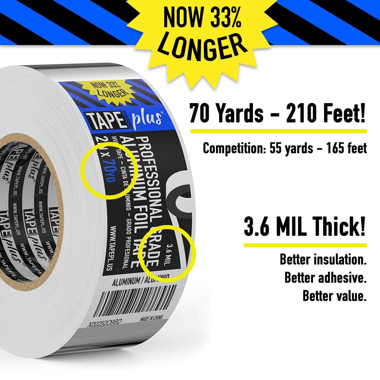 Tape Plus Professional Grade Aluminum Foil Tape - 2 Inch by 210 Feet (70 Yards) - Perfect for HVAC, Sealing & Patching Hot & Cold Air Ducts, Metal Repair, and Much More