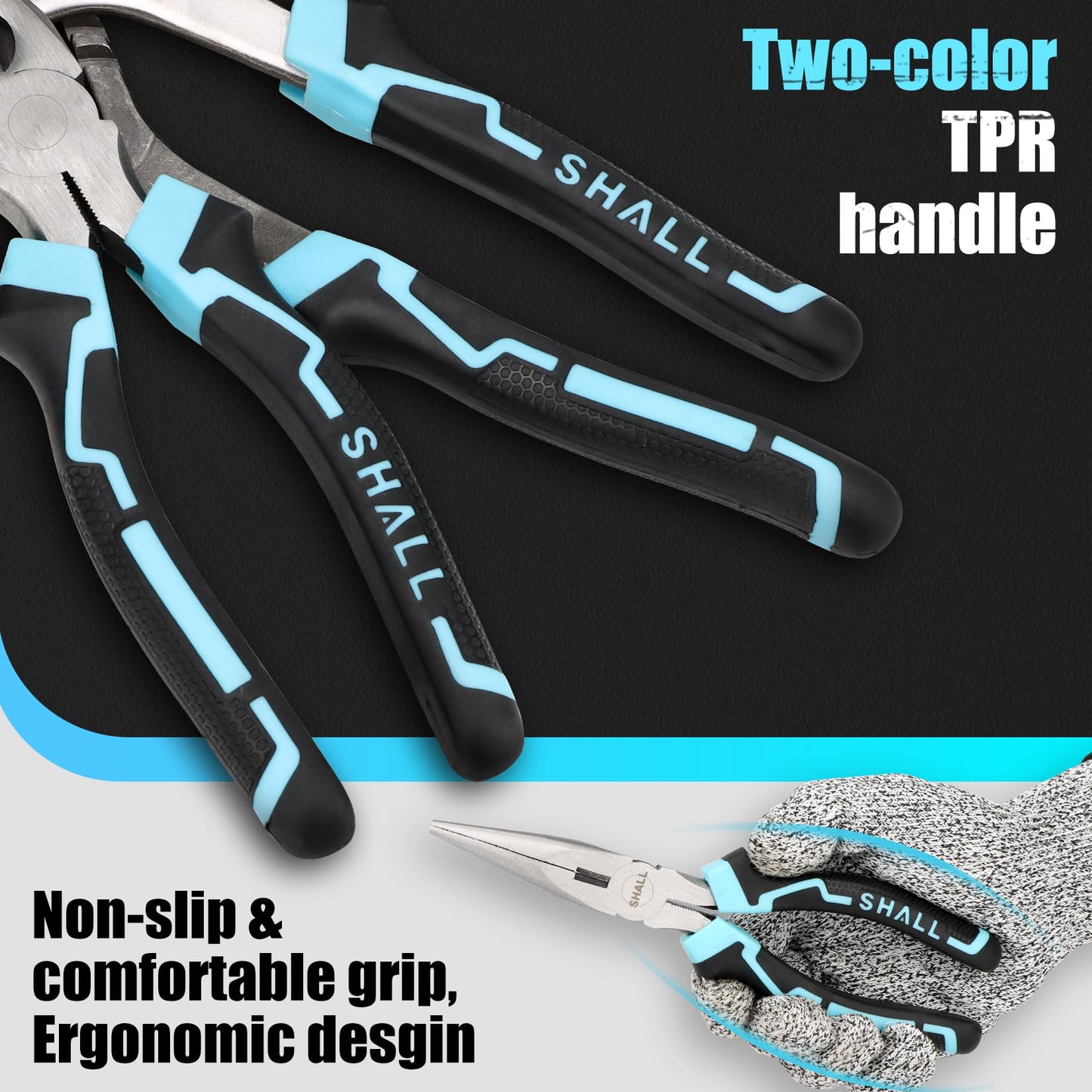 SHALL 6-Piece Pliers Set, Pliers Tool Set, 6" Diagonal Cutting, 8" Long Nose, 8" Linesman, 8" Slip-Joint & 10" Groove-Joint Pliers, 8" Adjustable Wrench, Two-Color TPR Handle, Gift Box Included