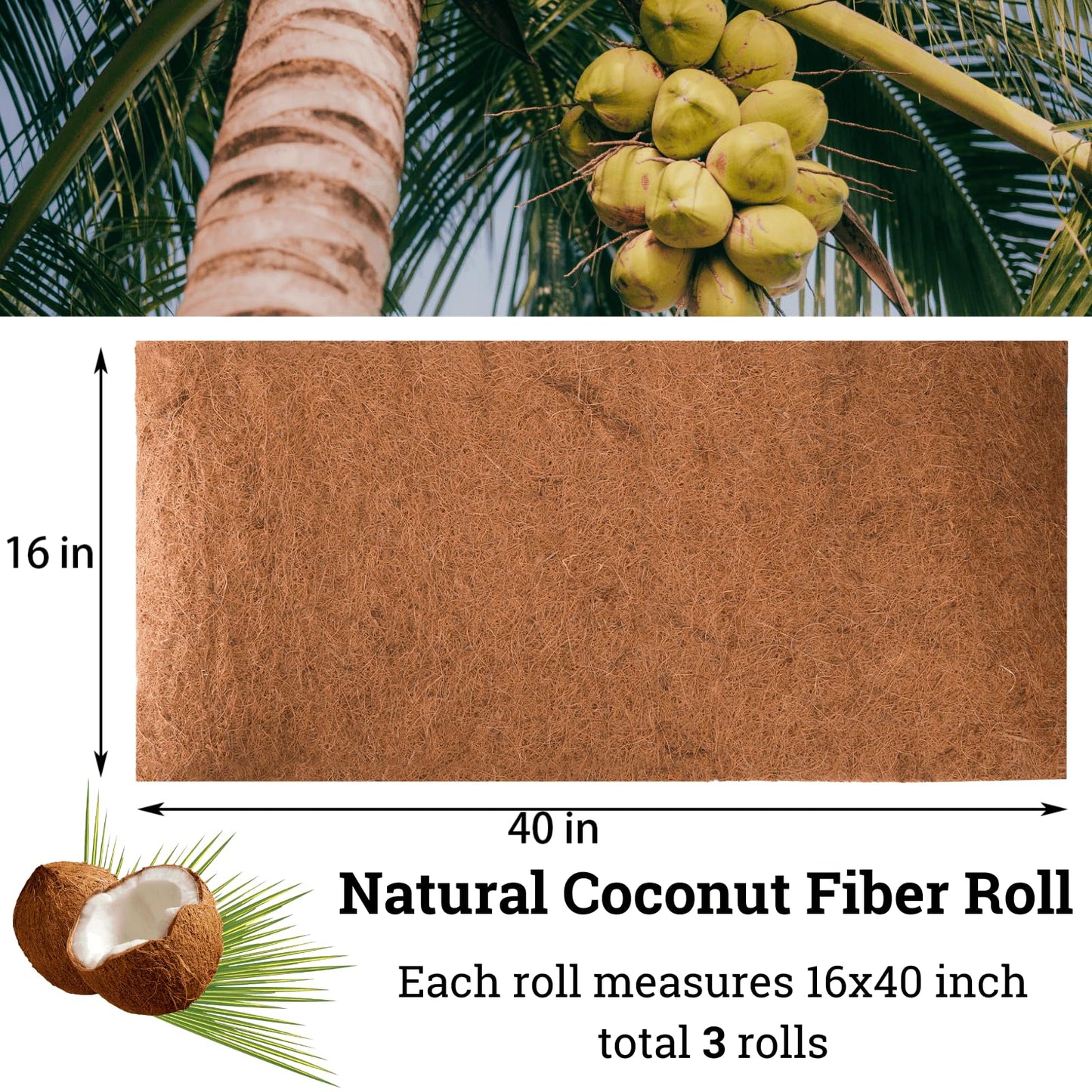 YOUEON 3 Rolls Coconut Coir Liner Sheets 40 x 16 Inch, Coco Liner Roll Reusable Coconut Fiber Mat, Reptile Carpet, Snow Melting Mats Insulation Coconut Mat for Planter, Flowerpot, Garden,Reptile