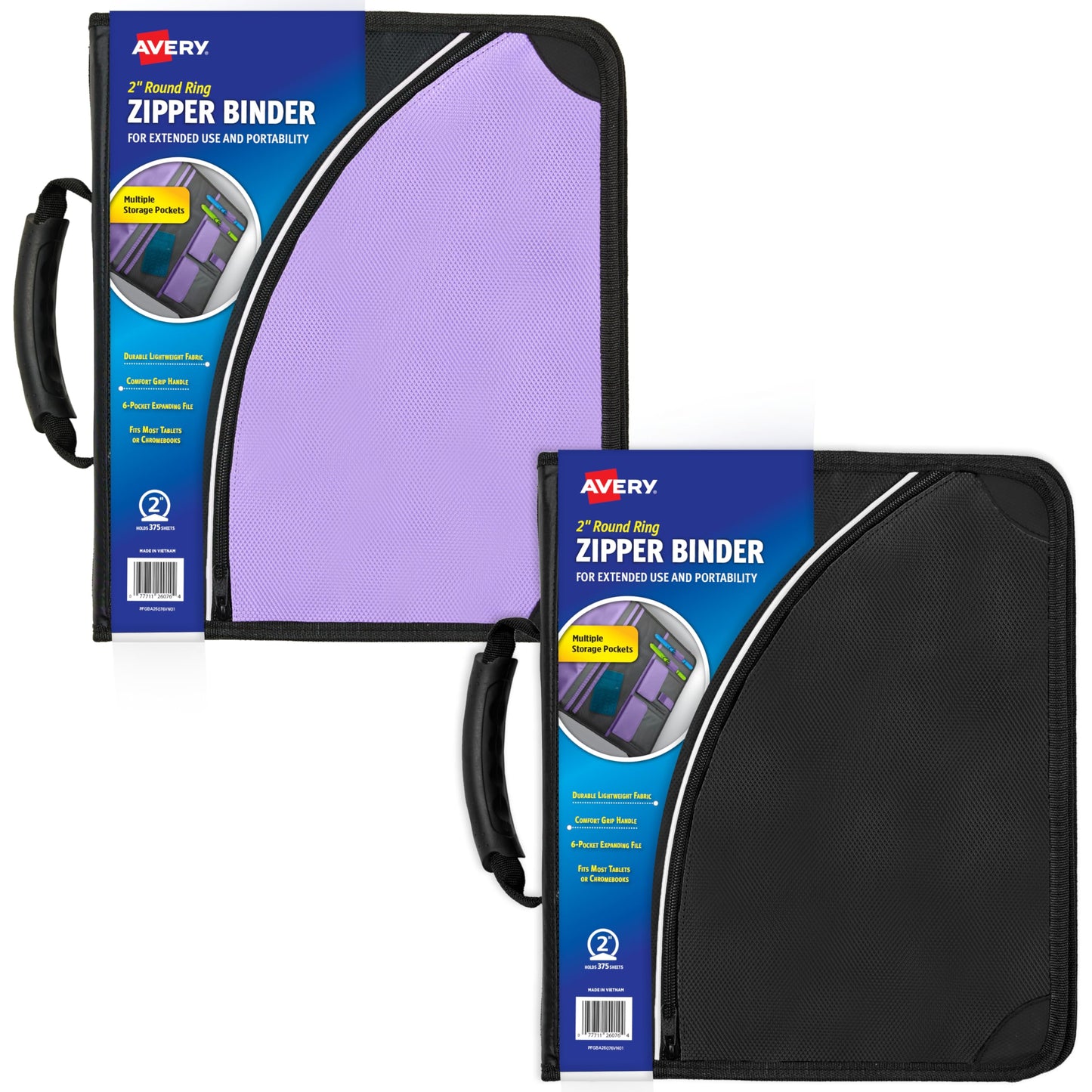 Avery 2" Inch Zipper Binder, 3 Round Rings, Durable Messenger Nylon Zipper Black Binder, Tablet Holder, 6-Pockets with 5 Tab Dividers, Carry-All Storage Binder (26051)