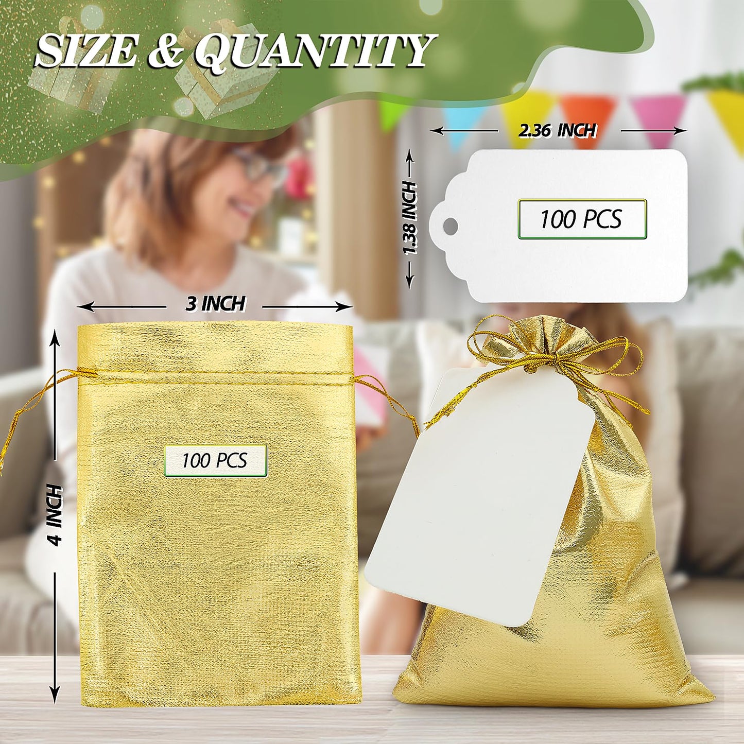 DOYIDE 100Pcs Gold Drawstring Gift Bags, 3x4in Small Jewelry Bags Drawstring Pouches, Shiny Wedding Party Favor Bags, Sachet Bags Empty for Birthday Party Christmas Baby Shower Candy Favors