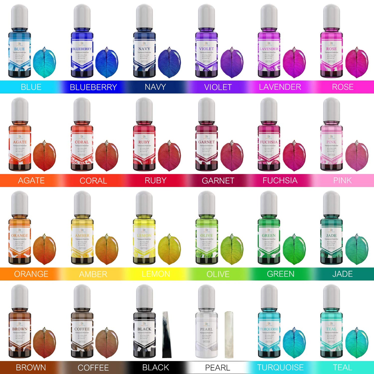24 Color Epoxy Pigment - Crystal Transparent Dye for DIY Resin Art, Jewelry Making - Concentrated UV Resin Colorant for Paint, Tumbler, Craft - 0.35 oz/10ml Each