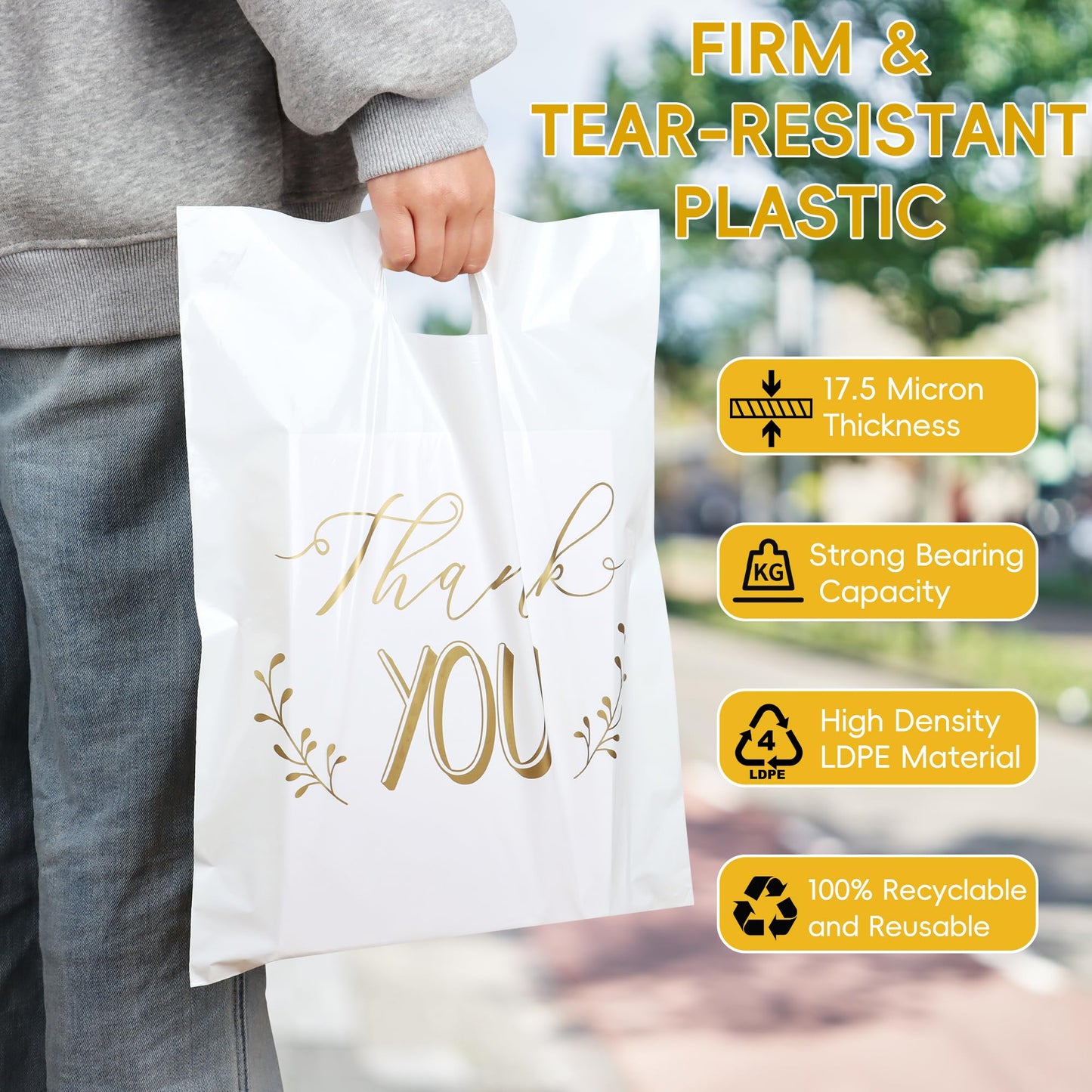 POPGIFTU Thank You Bags for Business Small - 12"x15" Reusable White Retail Plastic Shopping Bags with Die Cut Handle, 100 Pack - Perfect for Boutique, Clothing Stores, Gifts, Trade Shows, Wholesale