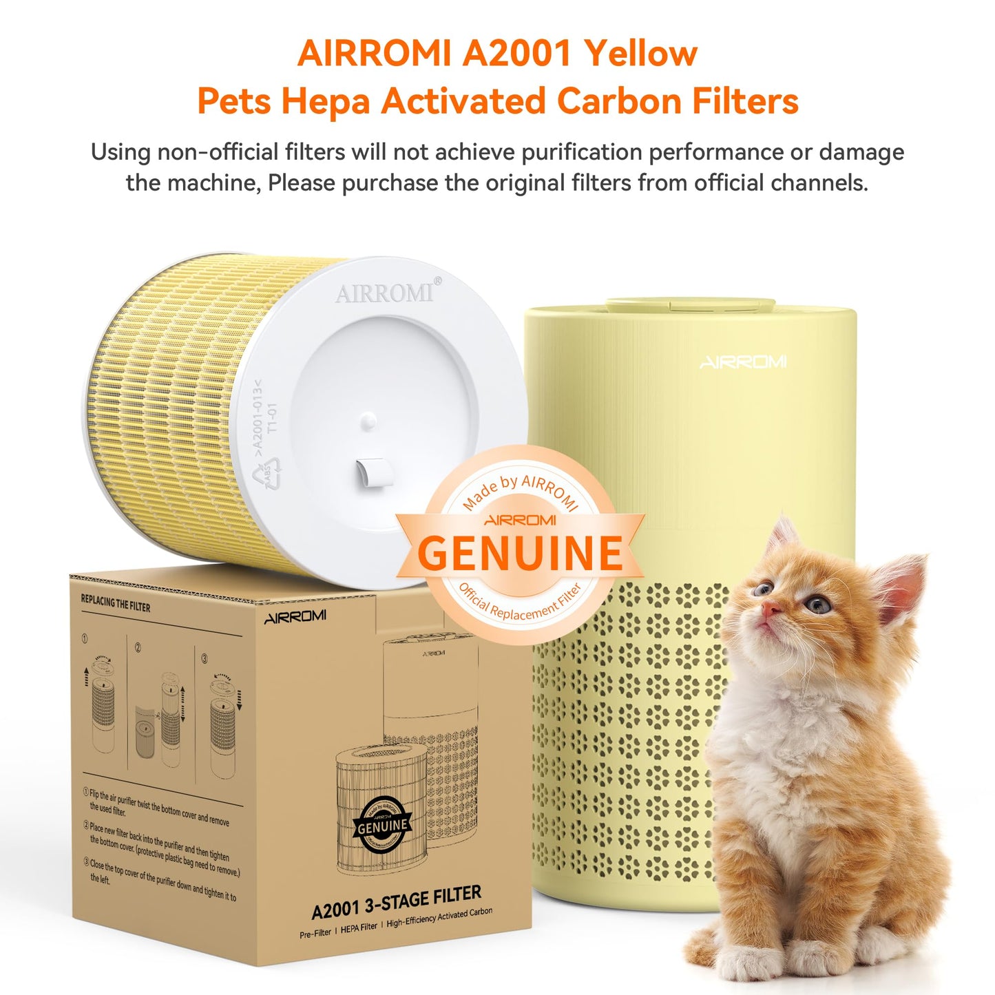 AIRROMI A2001 HEPA Air Purifier Replacement Filter: Original 3-in-1 Filter, Removes 99.97% of 0.3 Micron Particles, Yellow Activated Carbon Filter - Pets & Allergen Specific -1 Pack