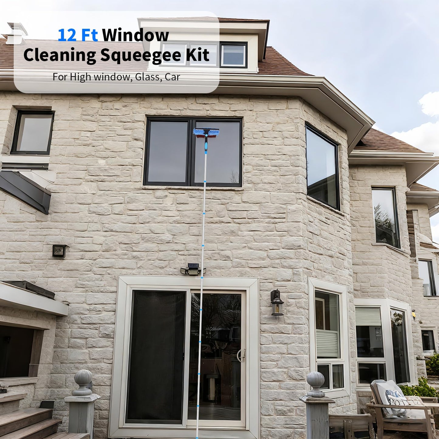 12.7FT/ 3.9M Window Cleaning Tools Window Squeegee, 2 in 1 Rotatable Window Washing Kit with Extension Pole for High Windows, Ceilings, Cars