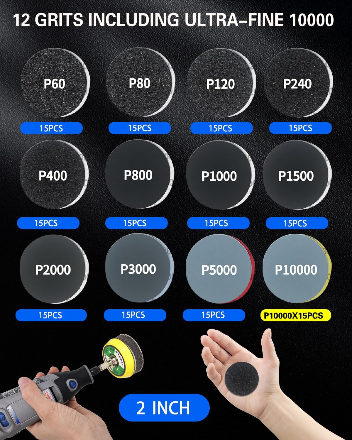 2 Inch Sanding Discs Drill Polishing Kit, 193PCS Hook & Loop Wet Dry Buffing Pads, Car Headlight Restoration Kit for Dremel Rotary Tools Sanding Bits Attachment for Aluminum Resin Metal Glass