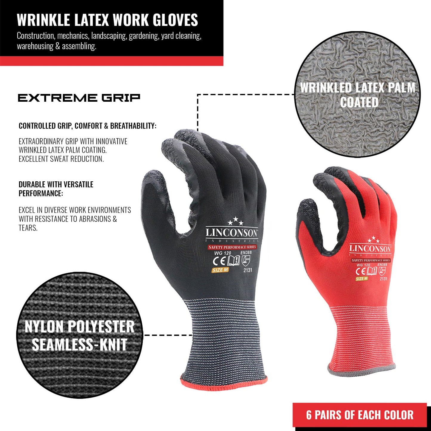 LINCONSON 12 Pack Safety Performance Series Construction Mechanics Wrinkle Latex Work Gloves (Black & Red, Medium (12 Pairs))