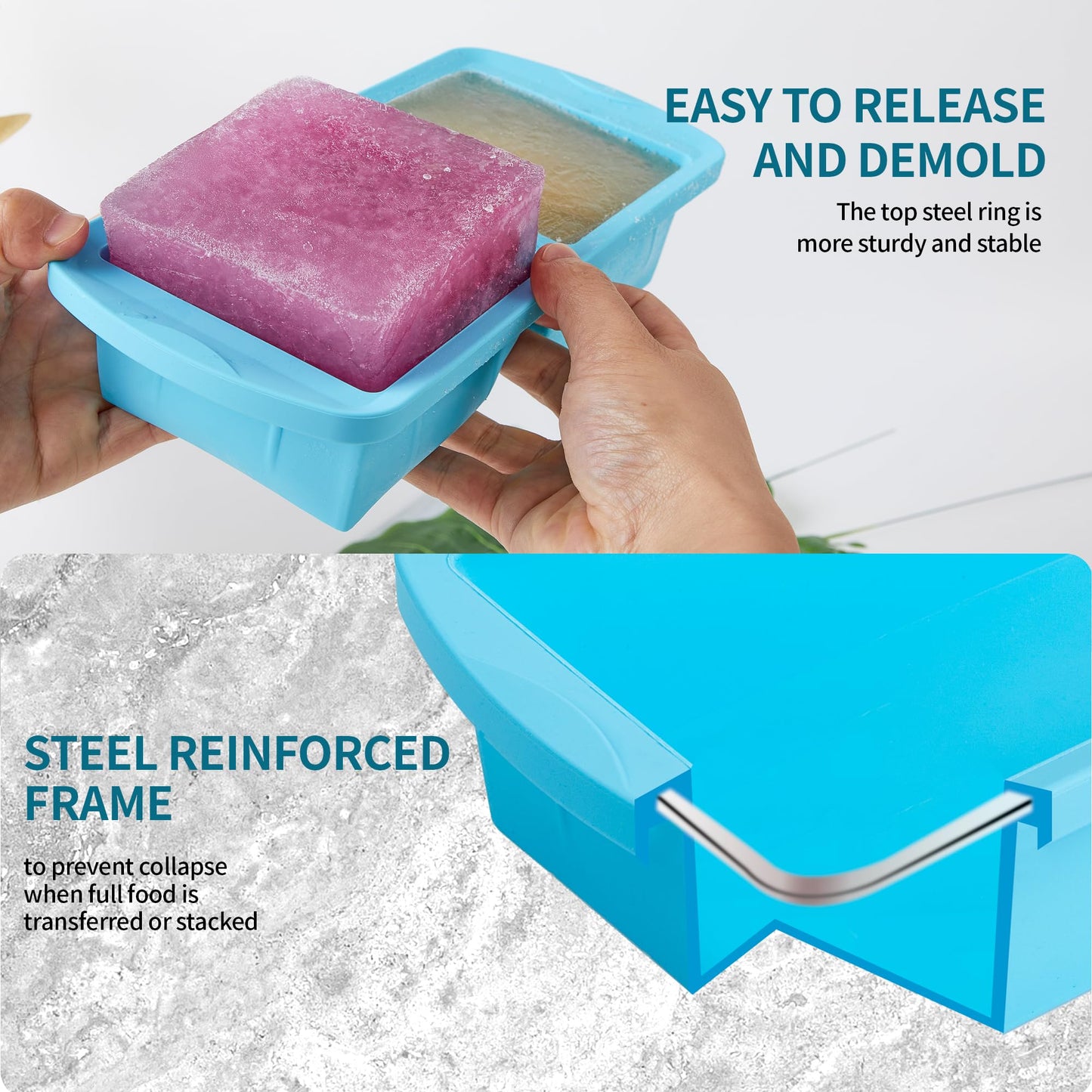 WENQING Silicone Freezer Tray with Lid 2 Pack Silicone Freezer Molds - Large Ice Cube Tray - Makes 4 Perfect 2 Cup Portions Soup Cubes Meal Prep Containers- Oven & Dishwasher Safe