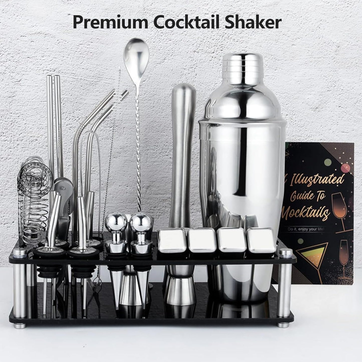 Cocktail Shaker Set, 25-Piece Stainless Steel Bartender Kit with Acrylic Stand & Cocktail Recipes Booklet, Professional Bar Tools for Bar Accessories, Drink Mixing, Home, Party