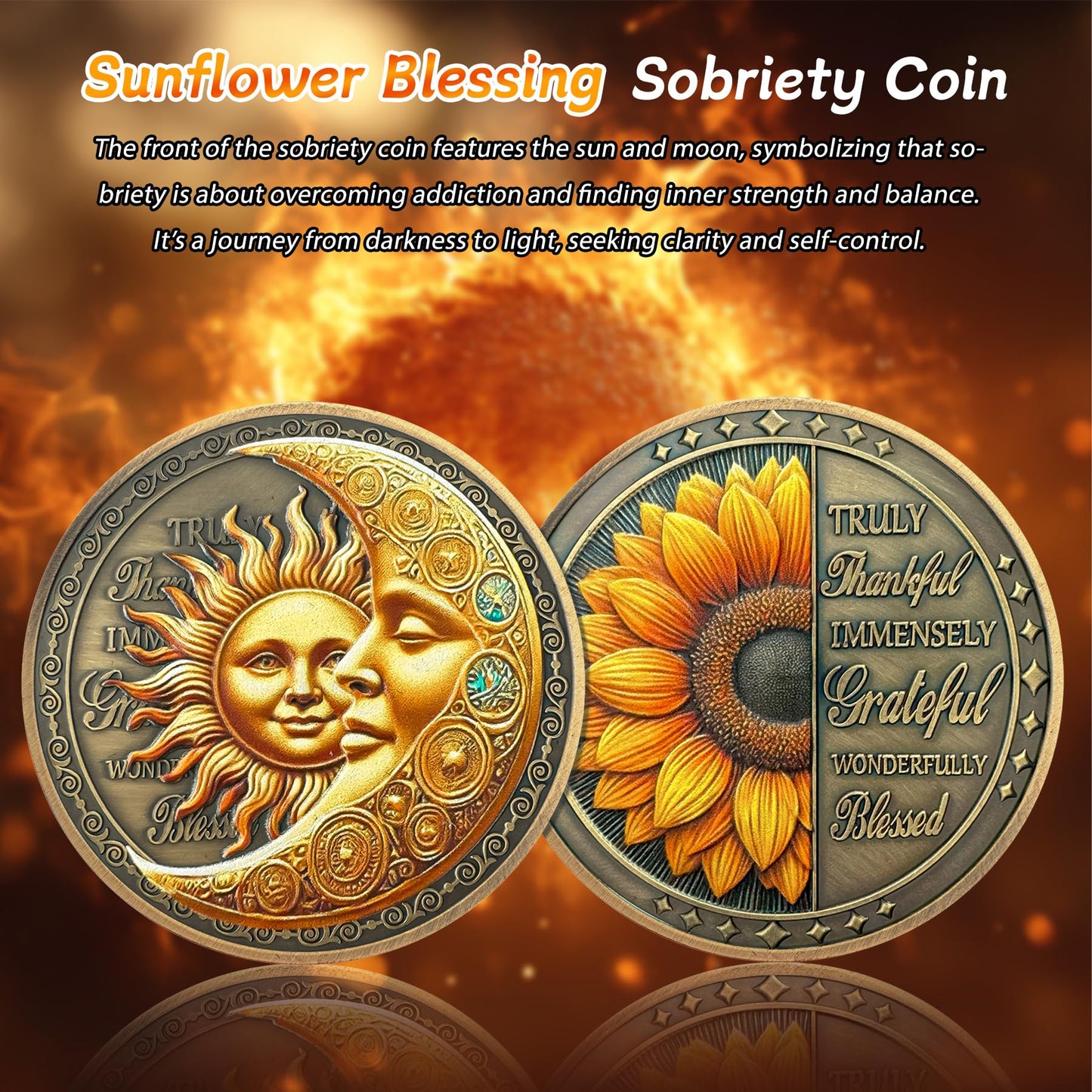 IELCJJ Sunflower Blessing Sobriety Coin - Affirmation Sun and Moon AA Chips and Medallions - Recovery Addiction NA AA Sober Medallions - Celebrate Living Clean Narcotics Alcoholics Anonymous Gifts