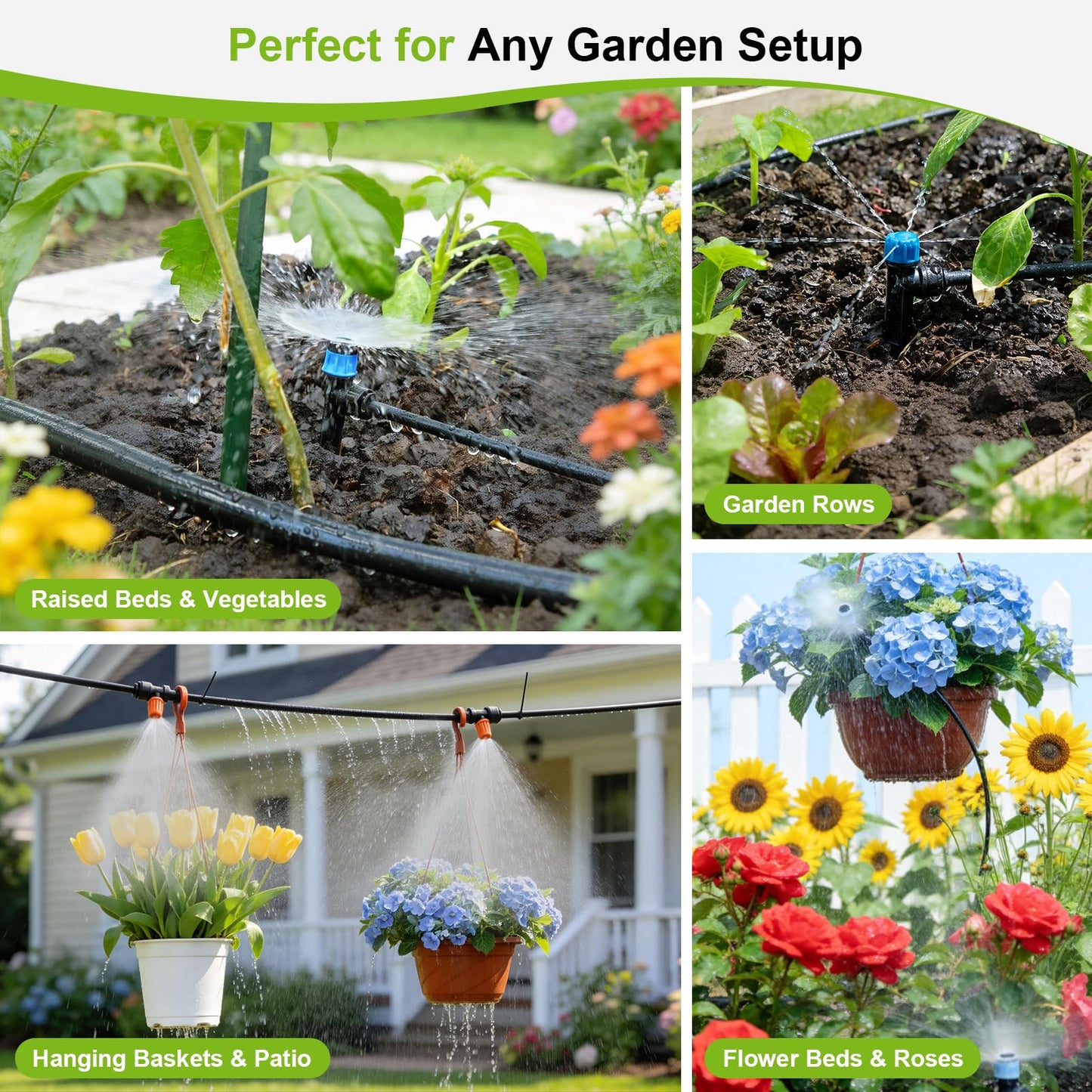 100FT Quick-Connect Drip Irrigation Kit, Automatic Garden Watering System with 1/2" & 1/4", 3 Adjustable Sprayers (Vortex, Stream, Mist), Barbed Tees for Raised Beds, Greenhouse, Patio, Potted Plants