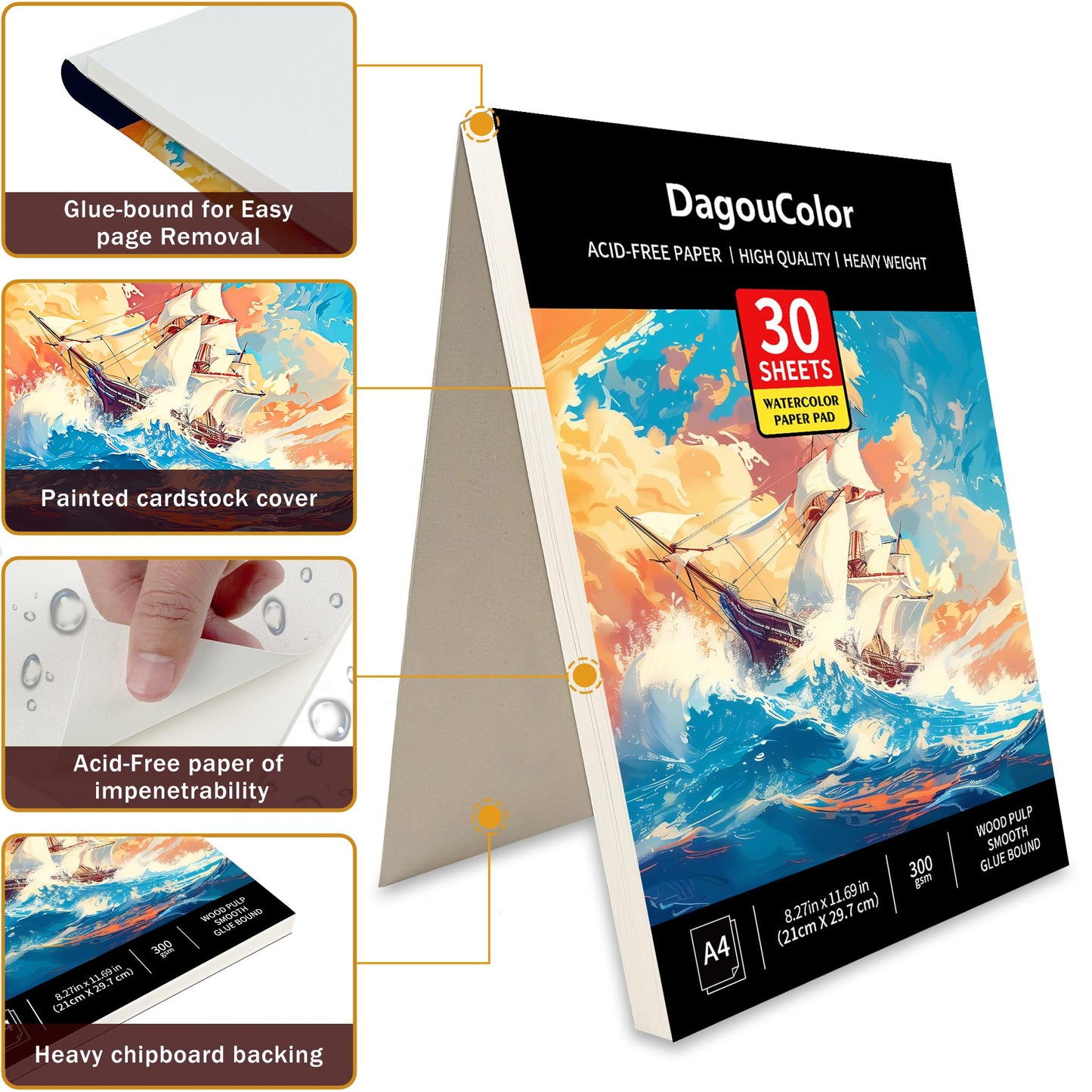 DagouColor Watercolor Paper Pad, A4, 2 Pack, 30 Sheets Each, 140lb/300gsm Cold-pressed Paper, Artist Book for Adults Kids, Painting, Drawing, Mixed Media