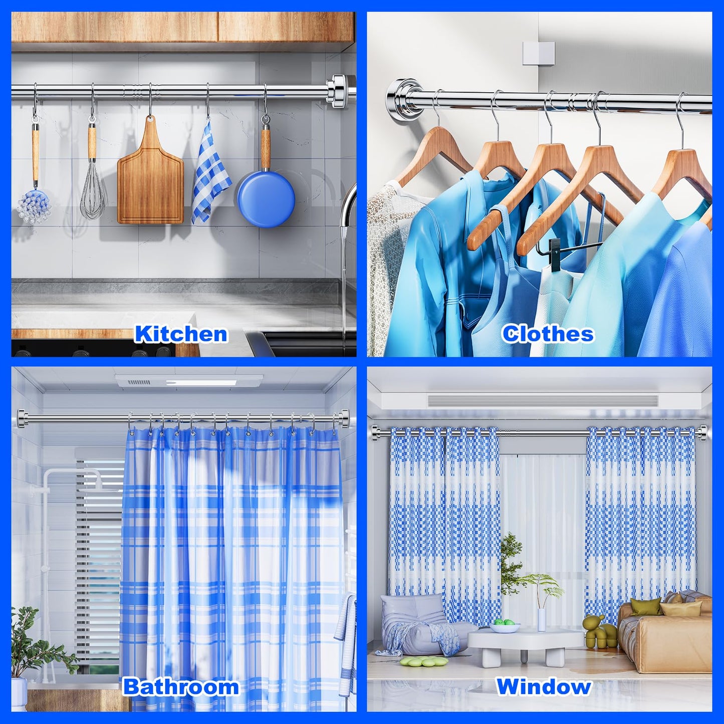 Ausemku Shower Curtain Rod Tension - 26-76 Inch Never Rust Non-Slip Spring Tension Curtain Rod No Drilling Stainless Steel Curtain Rod Use Bathroom Kitchen(Silver)