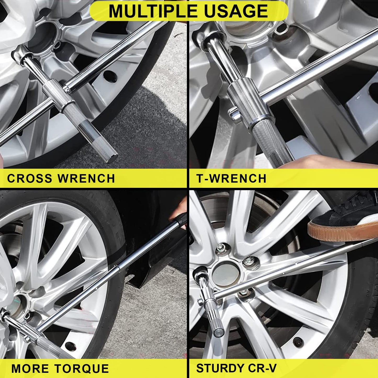 Spurtar 25" Extended Lug Wrench, Heavy Duty Lug Nut Remover Tool, Universal 4 Way Tire Iron Wrench with Standard Sockets (17/19, 21/23mm) and Oxford Storage Bag
