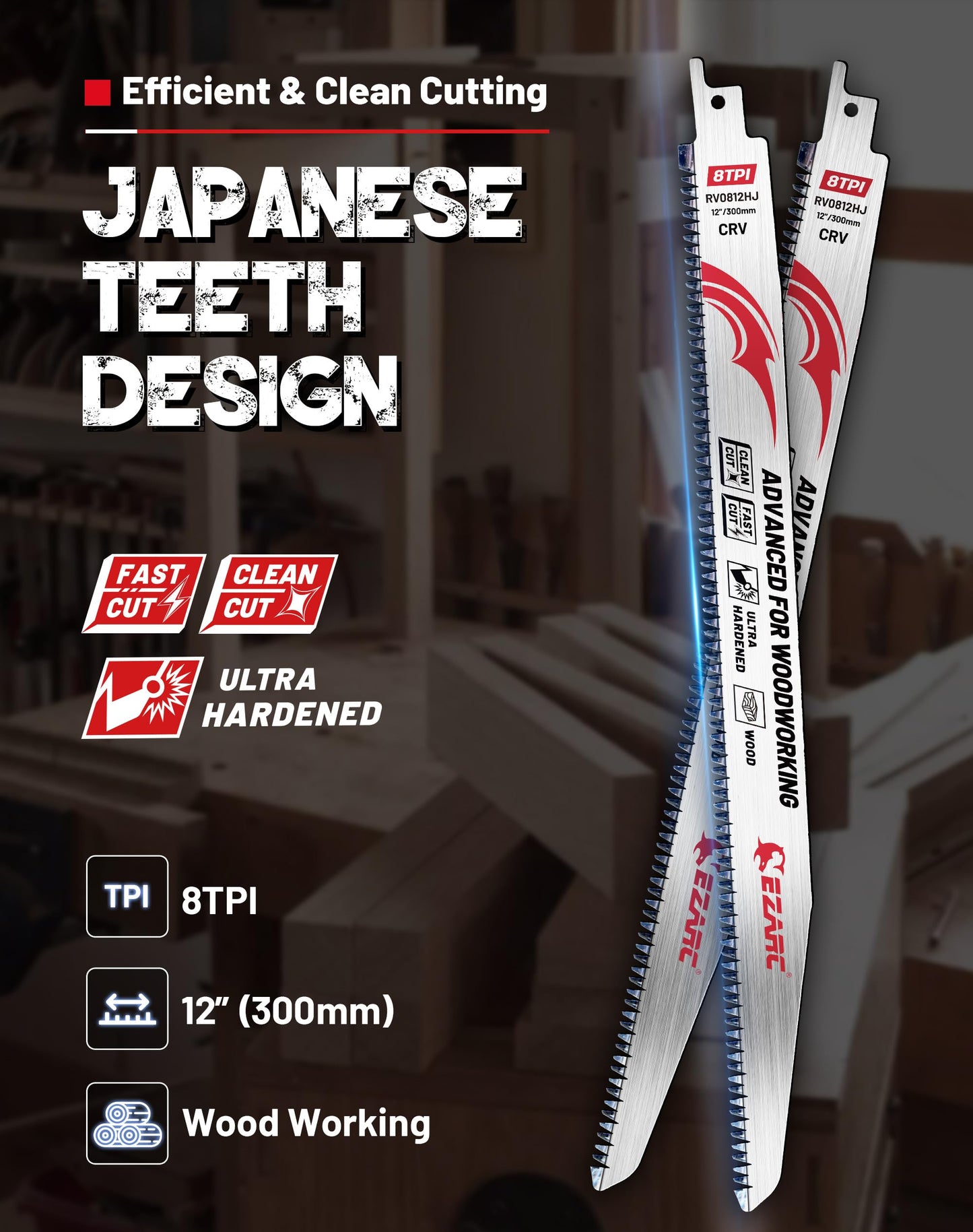 EZARC Japanese Teeth Reciprocating Saw Blade 12 Inch, Fleam Ground Teeth Wood Pruning Saw Blades 8 TPI for Tree Trimming, Wood/Wet Wood Cutting, 5 Pieces