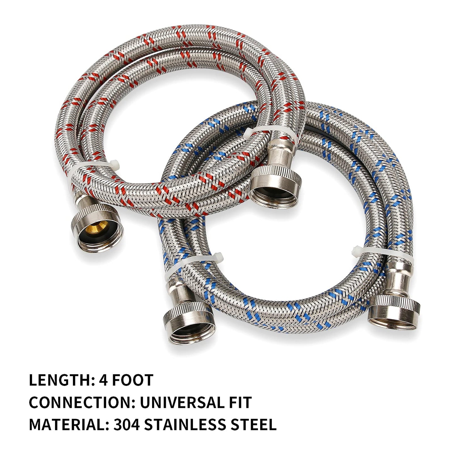 Watflow Stainless Steel Washing Machine Hoses, Burst Proof Hot and Cold Water Connection Inlet Supply Lines for Washer, 4Ft