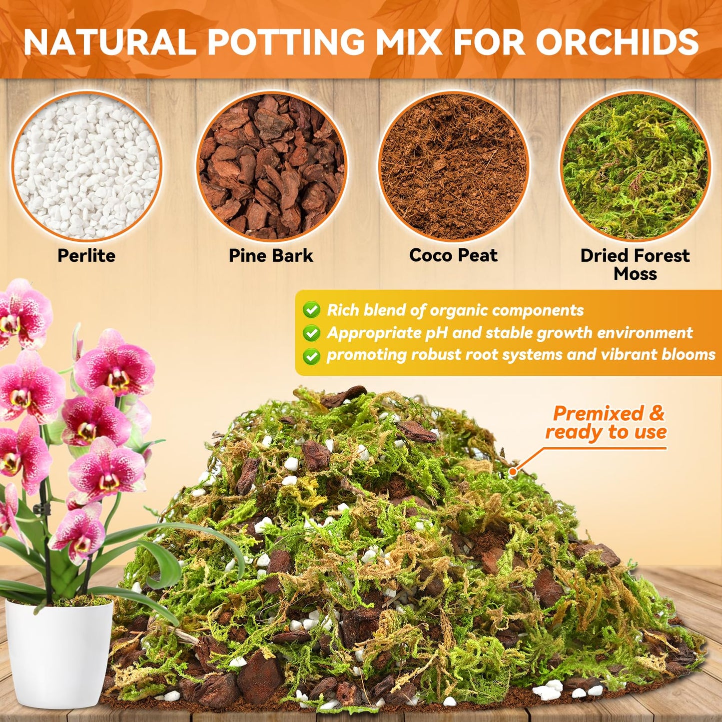 Riare 2L Orchid Potting Mix for Repotting- Orchids Repotting Kit Include Moss, Pine Bark, Perlite, Coco Peat- Premium Orchid Soil Medium for Indoor Potted Plants Root Ventilation & Expanding