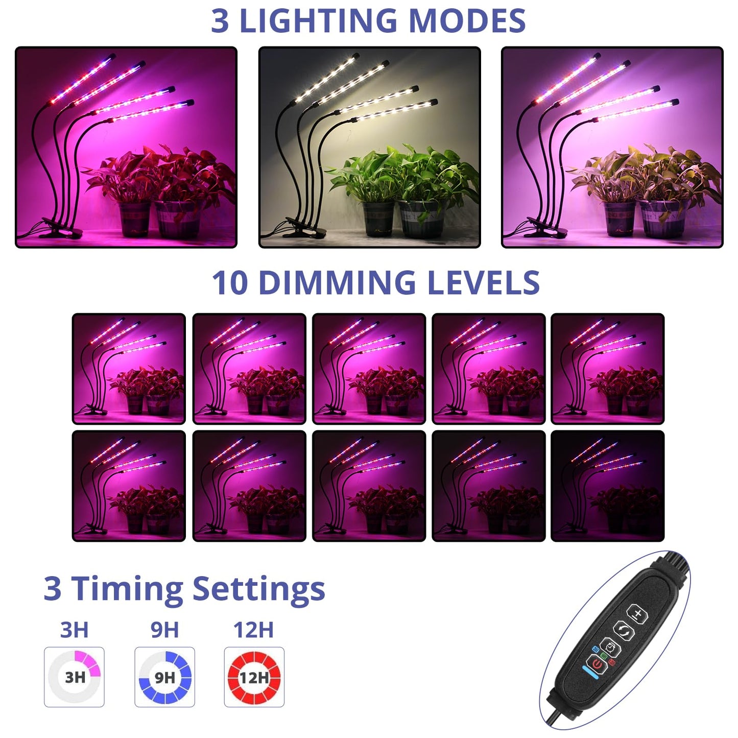 Sondiko Grow Lights for Indoor Plants Full Spectrum - Auto On/Off Timer (3/9/12H) & Dimmer (9 Levels) - Adjustable Gooseneck - 3 Switch Modes - Great for Greenhouse, Home, Office