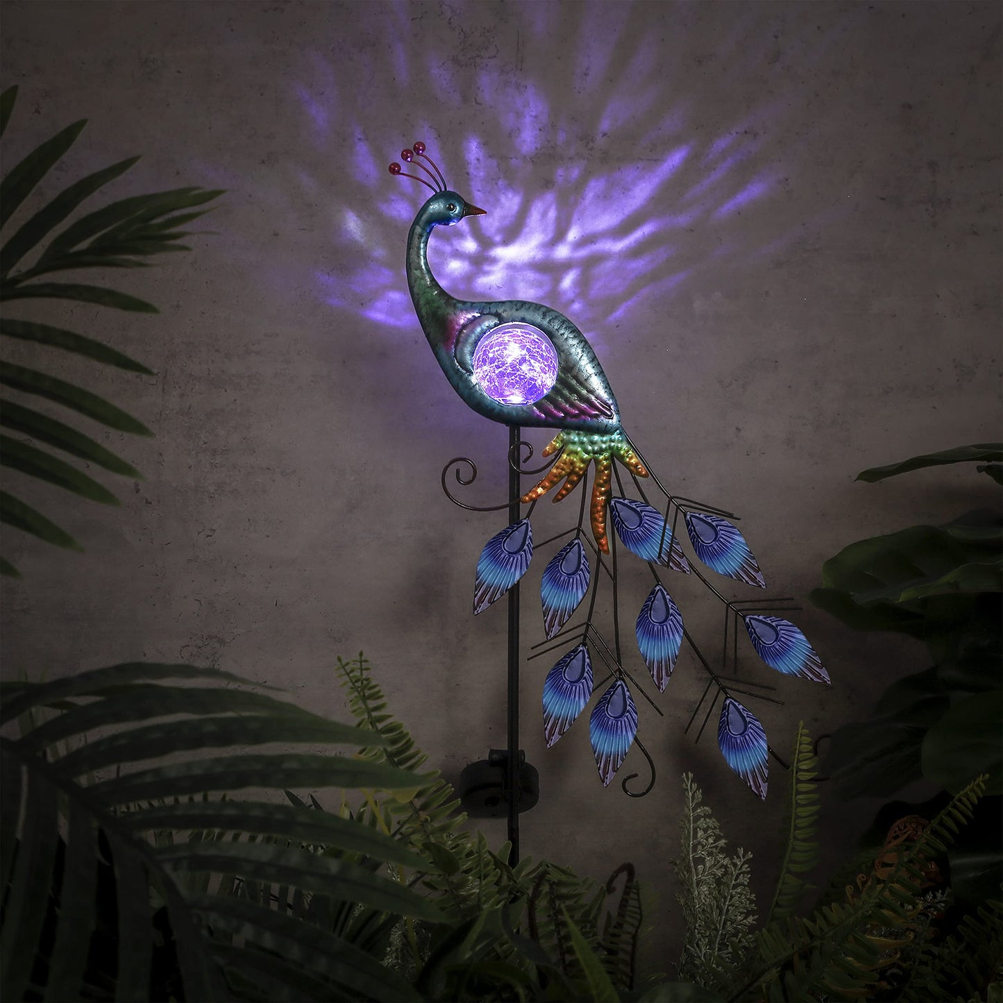 TERESA'S COLLECTIONS Peacock Solar Outdoor Light, 35.4'' Metal Lawn Ornaments with Crackle Glass Ball, Decorative Stake for Garden Decor