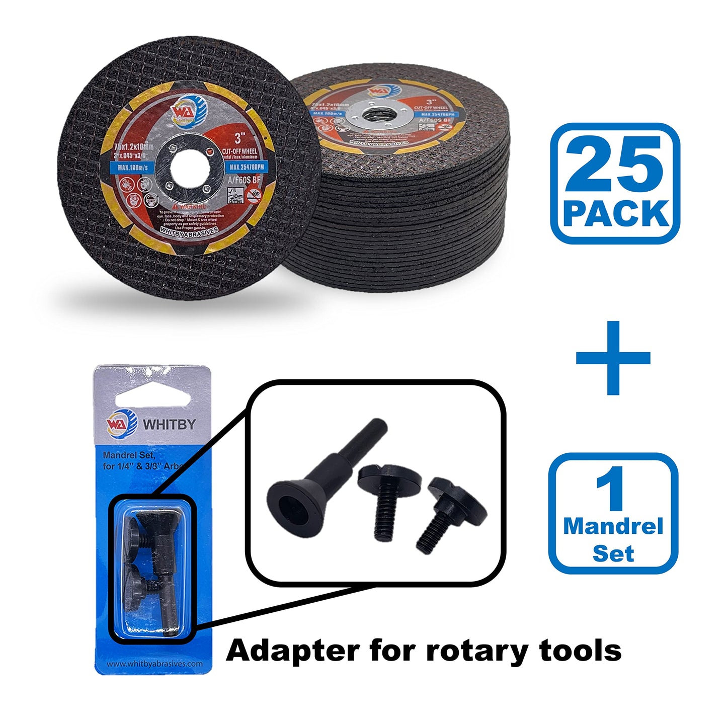 WA 25PACK - 3" x.045 x3/8" Thin Cut Off Disc, Die Grinder Tool Accessories Cutting Wheel and Mounting Mandrel Kit, 3 inch Cut-Off 3/8 in Arbor for Metal, Steel, Stainless (25 Discs + 1 Mandrel)