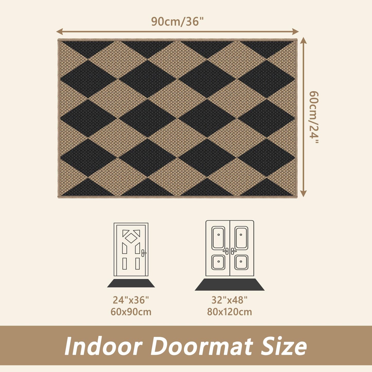 Capslpad Indoor Door Mat 24"x36",Non-Slip Checkered Front Door Mat Indoor,Easy Jute Low-Profile Entryway Mat,Mud Trapper Absorbent Inside Floor Mats Area Rug for Entrance Entry(Nature/Black)