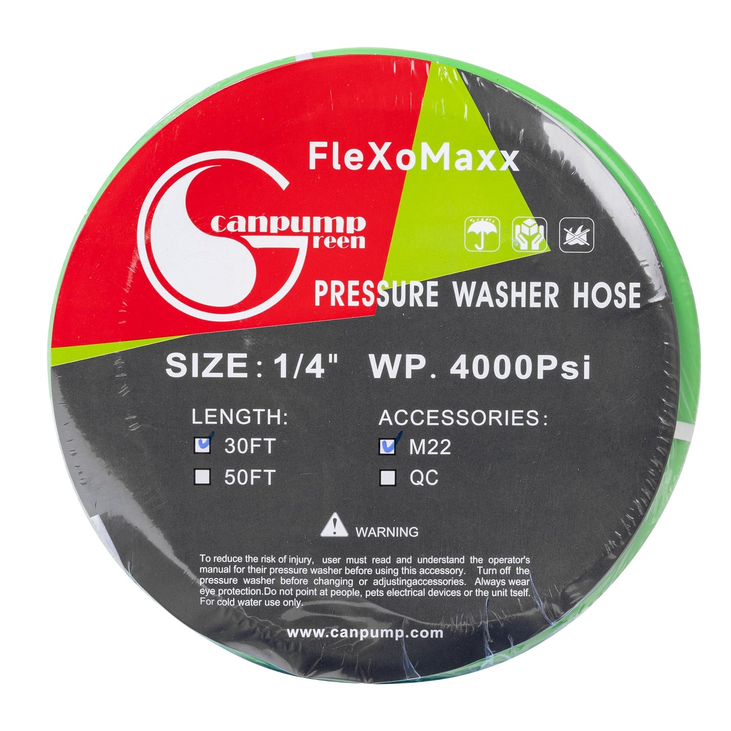 1/4-in Cold Water FleXoMaxx Pressure Washer Hose, 4000 psi, M22 Connector, 30 ft