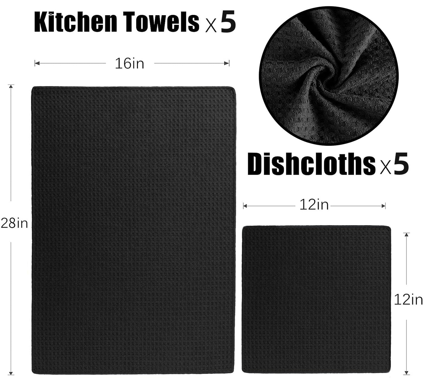 Waffle Weave Kitchen Towels and Dishcloths Set, 26 X 18 Inch and 12 X 12 Inch, Set of 10 Black Lint Free Dish Towels for Drying Dishes (Black, Kitchen Towel Set)