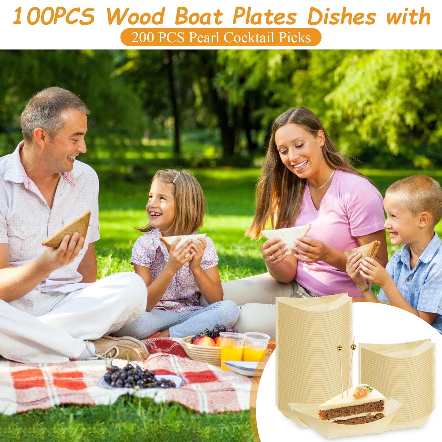 Supkiir 300 Pcs Disposable Wooden Boat Plates with Cocktail Picks, 14 cm Wood Boat Plates for Appetizer, Small Sushi Boat Serving Tray Food Container for Catering, Home and Party