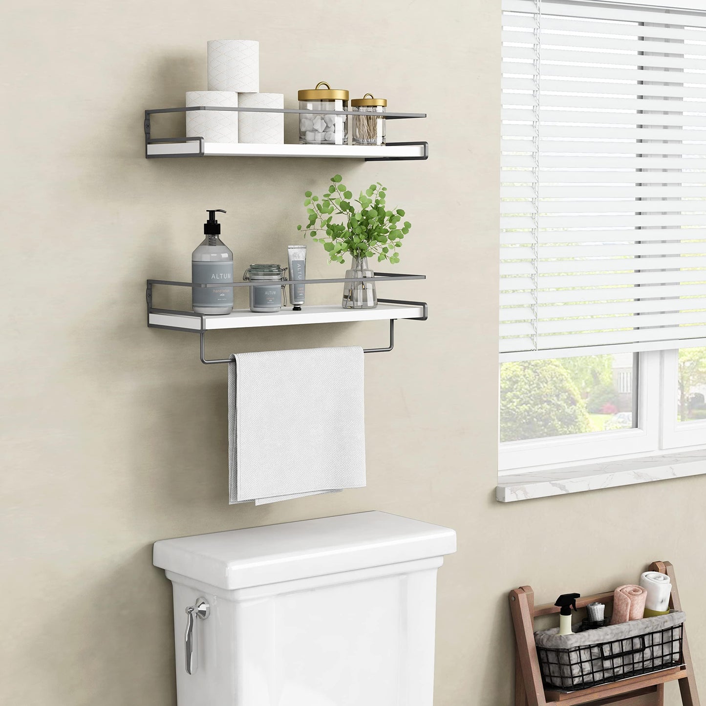 DNACHEW White Floating Shelves for Bathroom Organizer Over Toilet, Bathroom Shelves Wall Mounted with Towel Rack, Corner Wall Shelf for Bedroom Decor Kitchen Storage (White-Dark Grey, Set of 2)