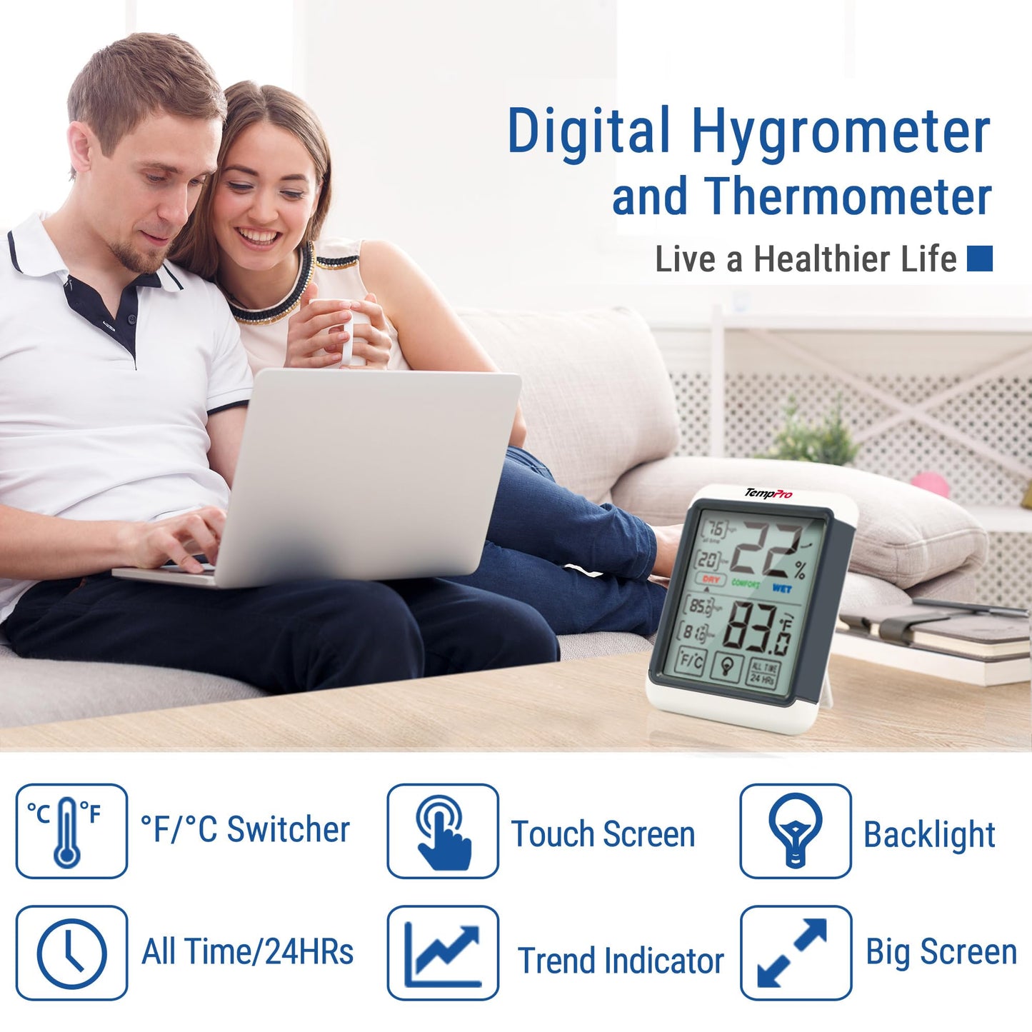 ThermoPro TP55 Digital Hygrometer Indoor Thermometer Humidity Gauge with Jumbo Touchscreen and Backlight Temperature Humidity Monitor