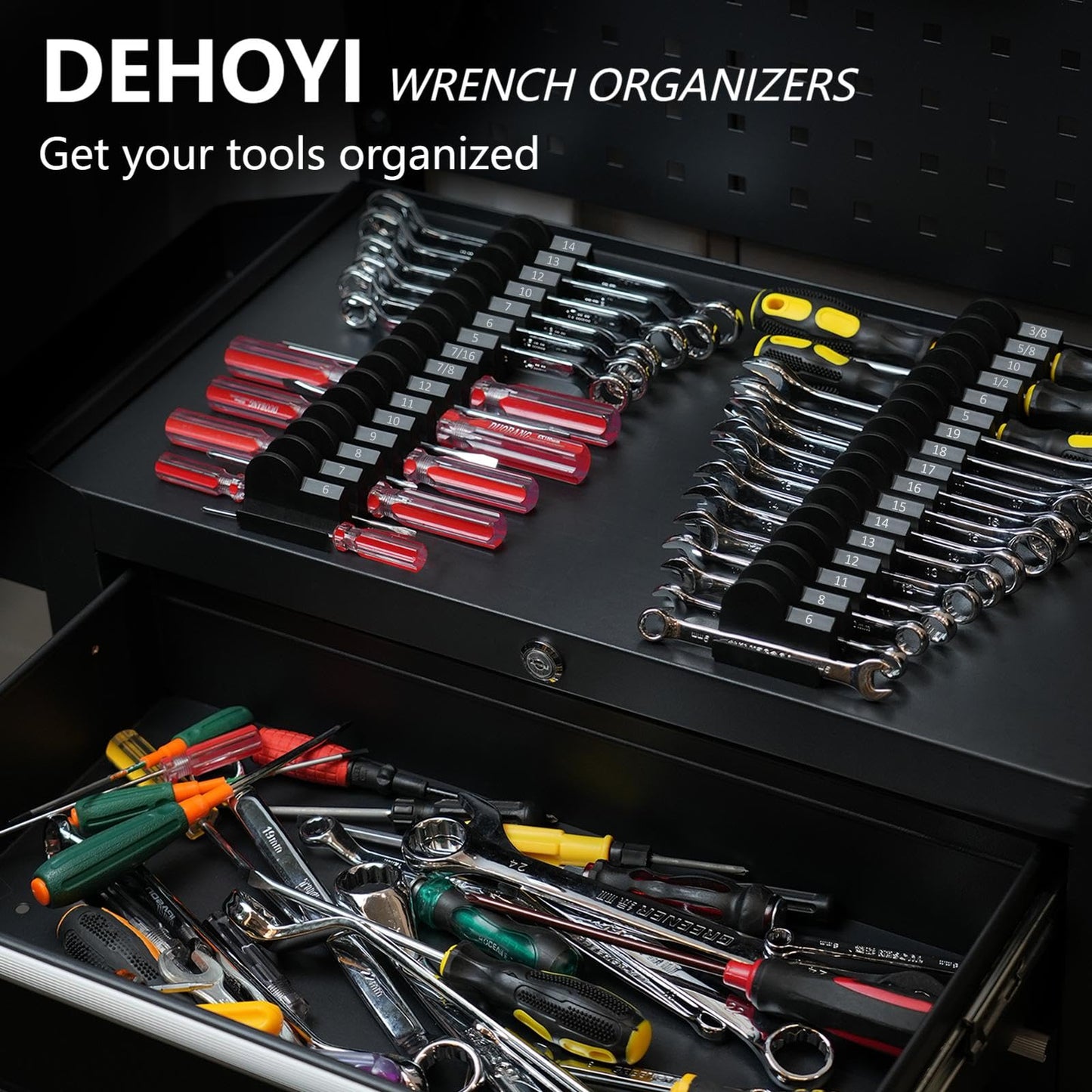 48PCS Magnetic Wrench Organizer for Tool Drawer,Wrench Holder with Metric&SAE Label,Modular Tool Storage Rack for Screwdriver and Ratchet,Strong Magnetic Base,gift for Mechanics Men(Black with magnet)