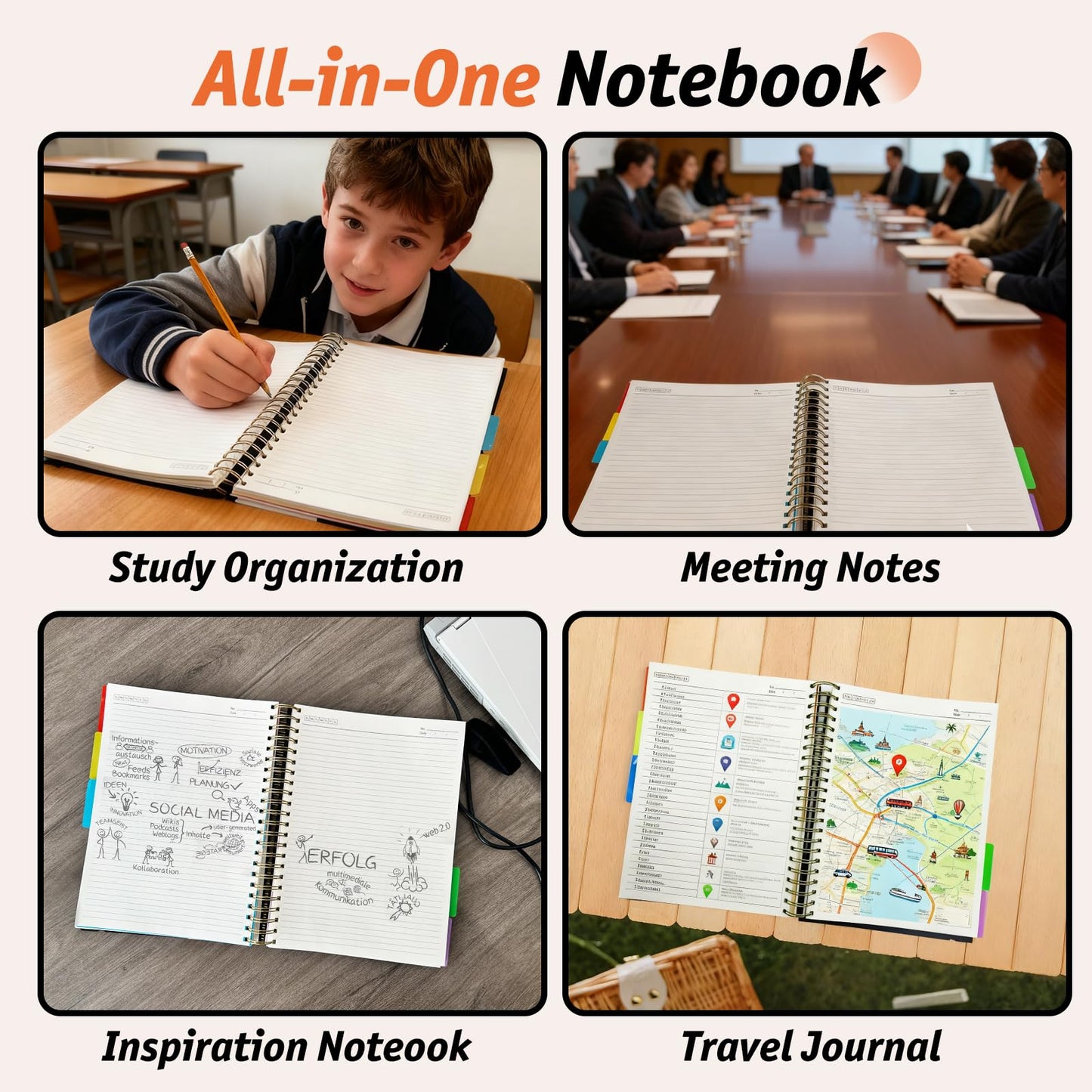 A4 Spiral Notebook 360 Pages, 5 Subject College Ruled Notebook with Removable Dividers, 100 GSM Thick Paper Journal for School Office Work Writing (Black)