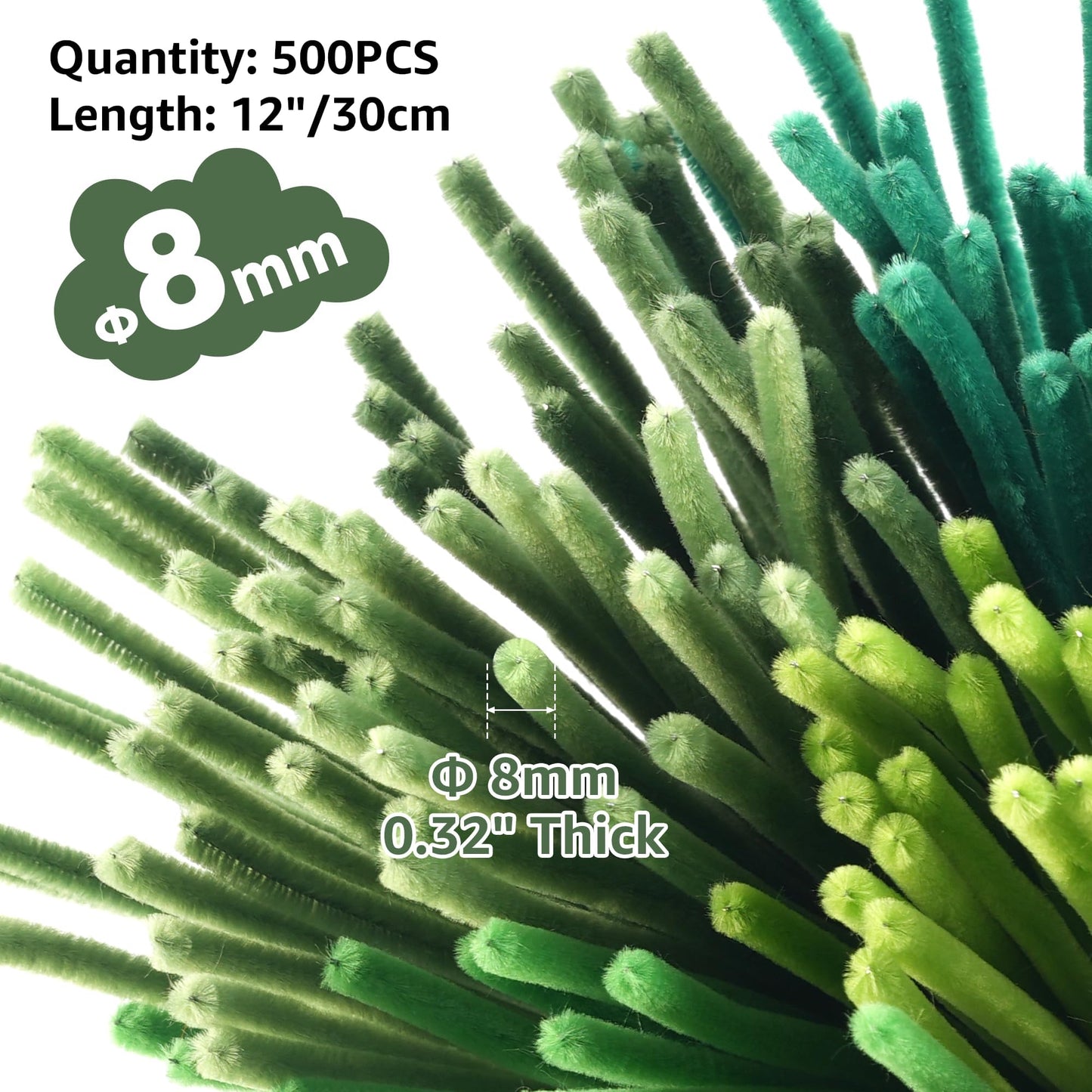 YONOVO Green Pipe Cleaners for Crafts Flowers Bulk 500Pcs 8mm Thick 12 inches Long,Pipecleaners Chenille Stems Fuzzy Sticks Wire Tiges Chenilles for Kids Christmas Craft Supplies (Gradient Green)
