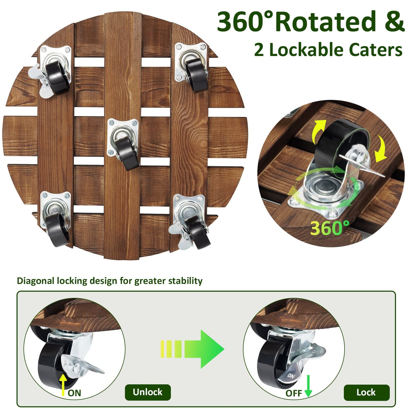 Yangbaga 2pack Plant Caddy 11??Wood Duty Round Plant Roller with 2 360° Lockable Caster Wheels,Indoor Outdoor on Roller Patio/Flower Pot/Succulent Pots