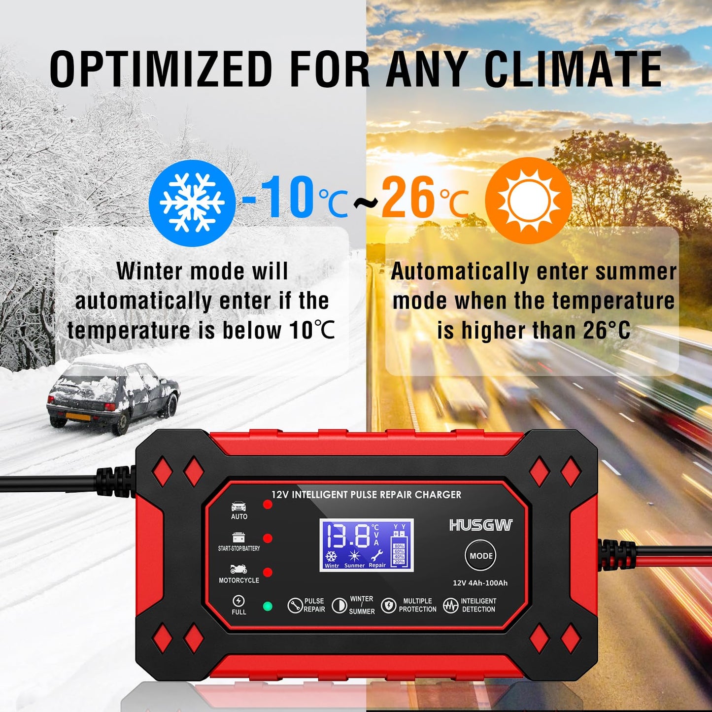 Car Battery Charger, 12V/6A Smart Battery Charger with Pulse Repair, Suitable for Cars, Marine Lead Acid Batteries