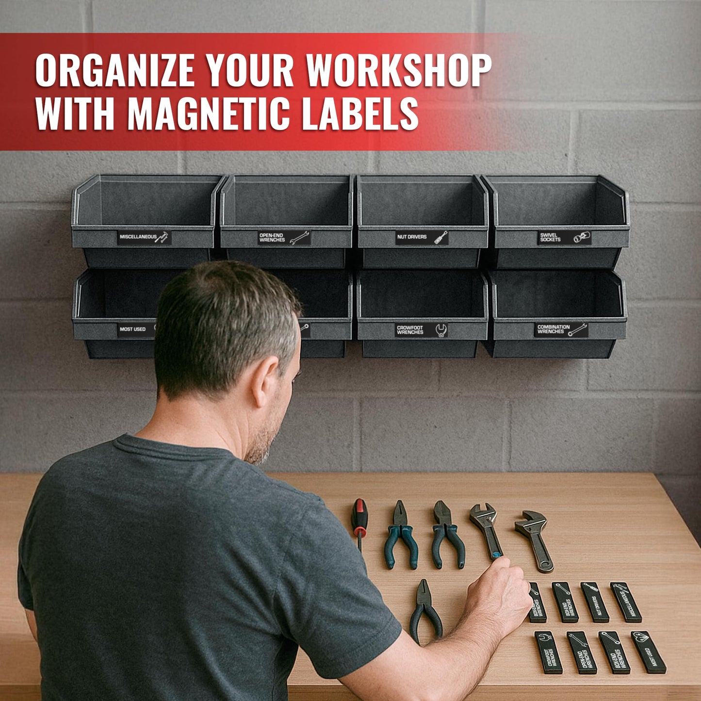 90 Pcs Magnetic Tool Box Labels 3.5x1 inch - Magnetic Toolbox Labels for Tool Box Drawers Strong Magnet Toolbox Organizer Chest Black Pre-Printed & Blanked Emblems for Organization - Toolbox Emblems
