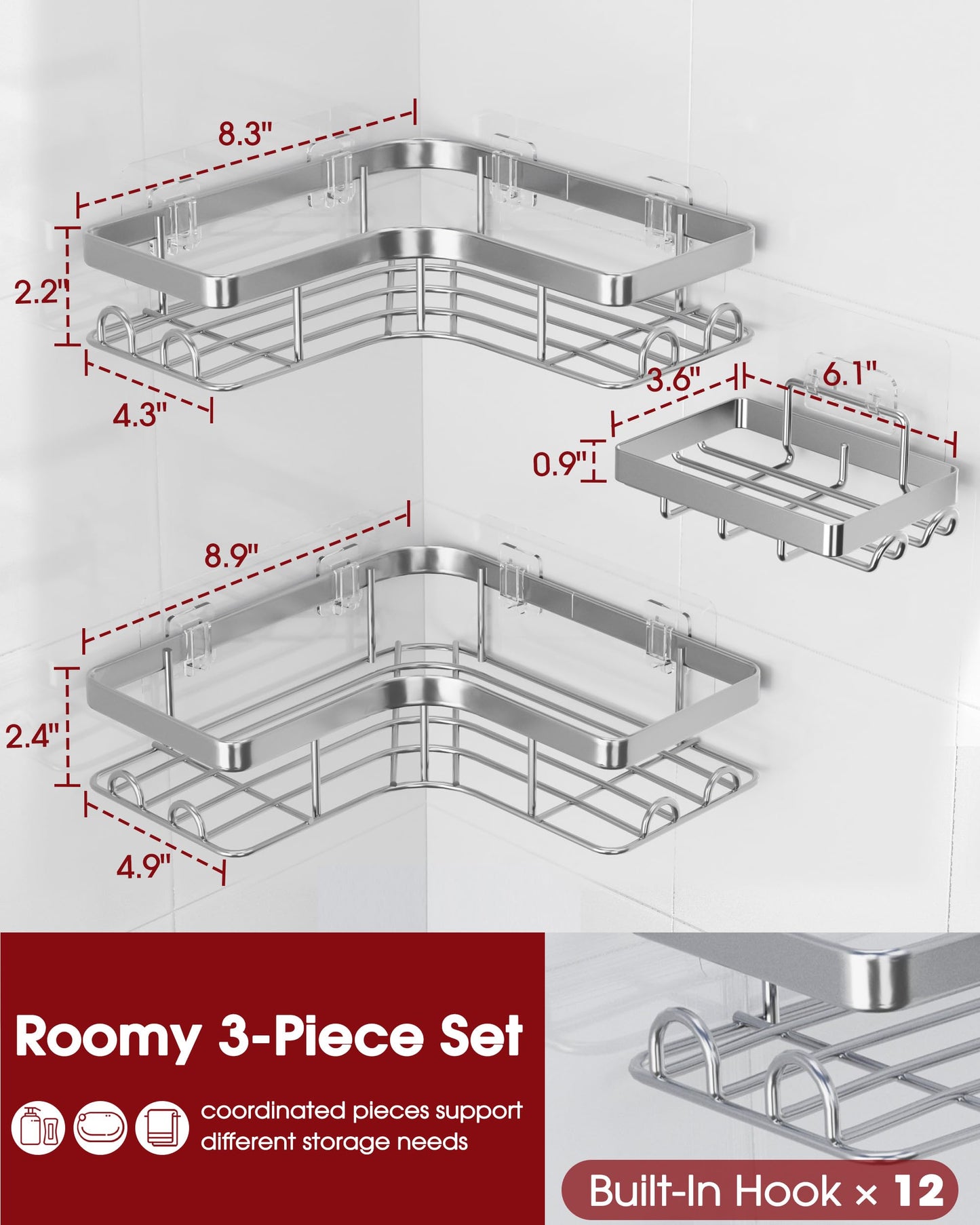 Sakugi Corner Shower Caddy - 3-Pack Shower Organizer with Soap Holder & Built-In Hooks, Rustproof Metal Shower Shelves, Laundry, Kitchen, Bathroom Organizers and Storage Solution, Silver