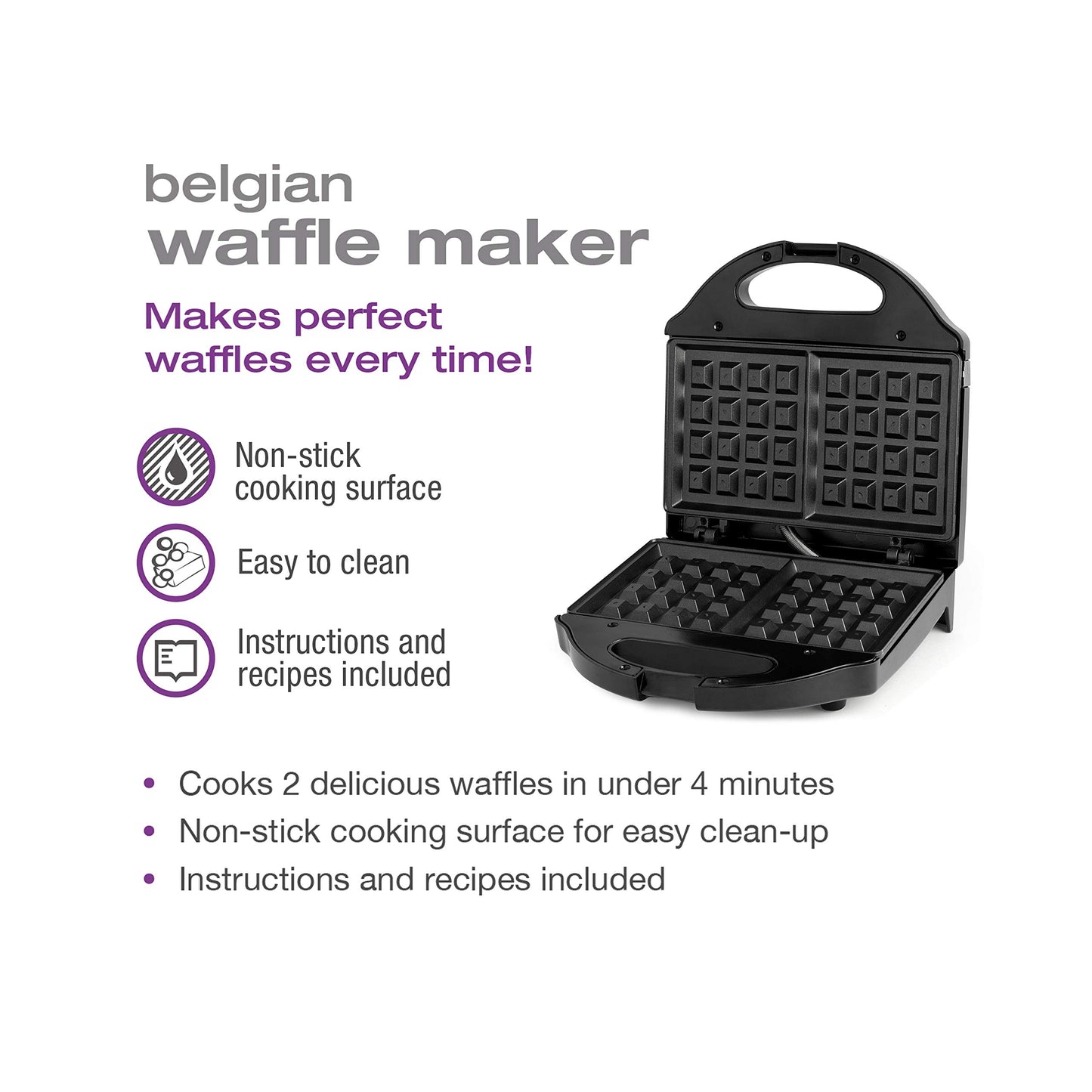 Salton Belgian Waffle Maker | Non-Stick Surface | 2 Waffles in Under 3 Minutes | Compact Upright Storage | Cool-Touch Handles | Recipe Book Included | Perfect for Breakfast & More | Black | WM1075BK