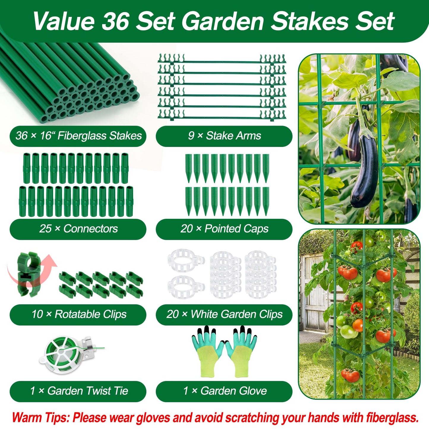 123PCS Garden Stakes Set with 36PCS 16 Inch Fiberglass Plant Sticks and Stake Arms, DIY 4ft 5ft 6ft 7ft 8ft Tomato Stakes, Garden Stakes for Vegetables Tomato Pepper Indoor Outdoor Plants