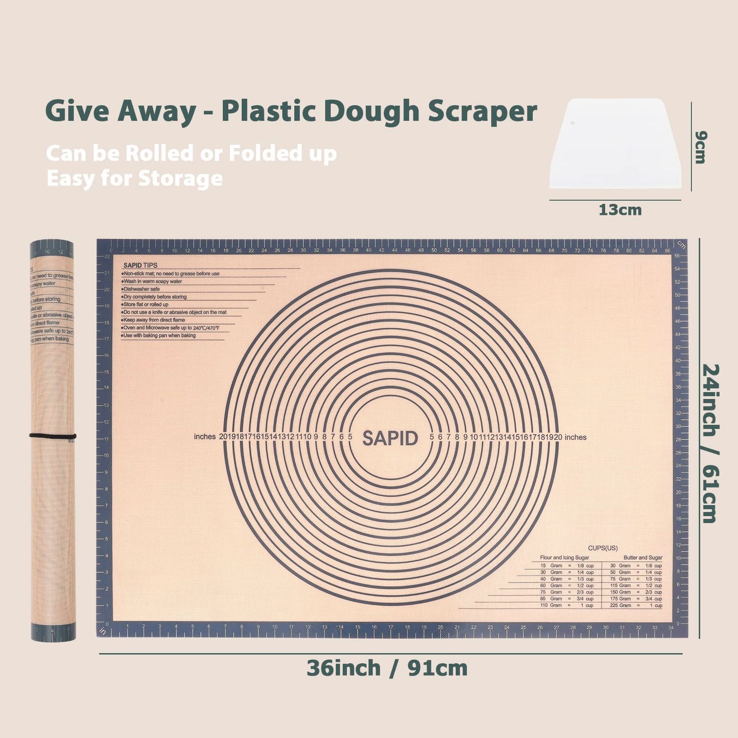 Sapid Extra Thick Silicone Pastry Mat Non-slip with Measurements for Non-stick Silicone Baking Mat Extra Large, Dough Rolling, Pie Crust, Kneading Mats, Countertop, Placement Mats (24inch x 36inch, Gray)