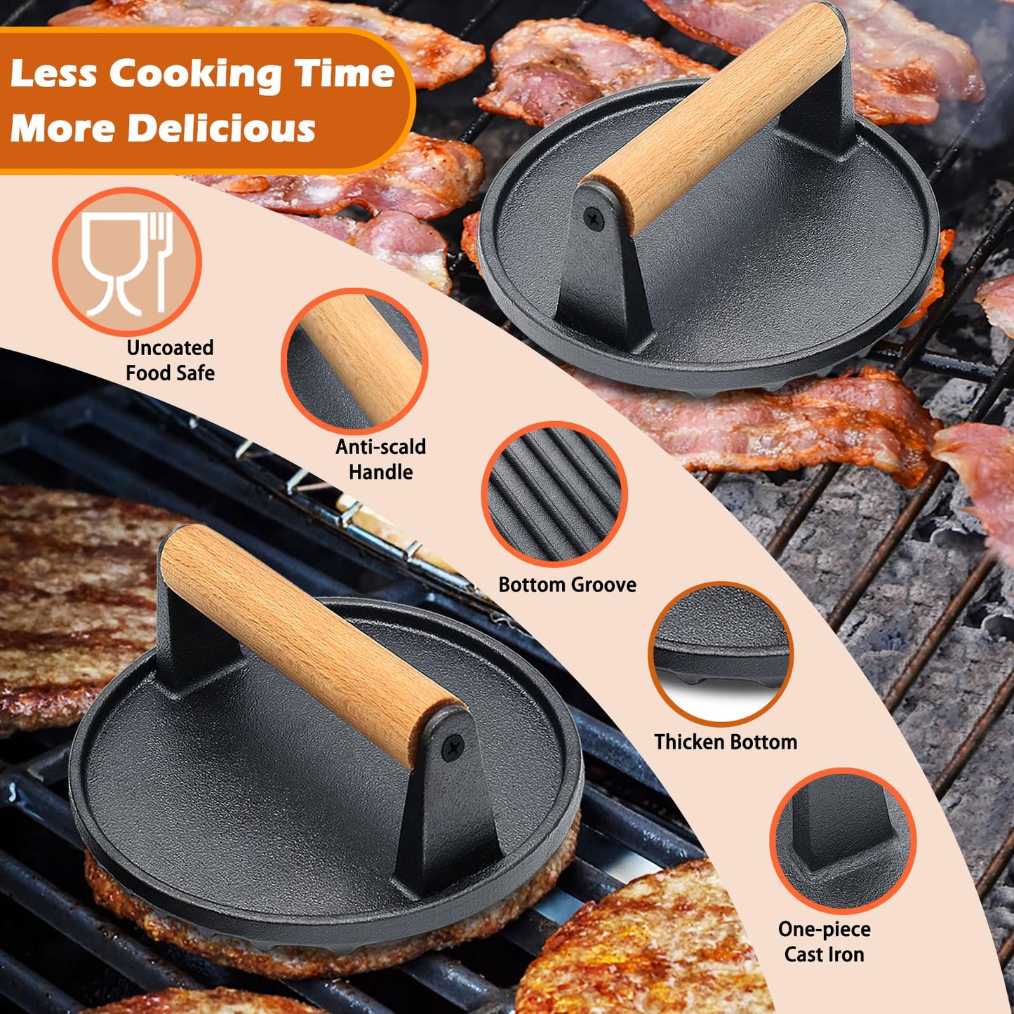 Smash Burger Press, Heavy-Duty Cast Iron Hamburger Grill Press with Heat Resistant Wooden Handle Hamburger Patty Maker Bacon Sandwich Round Meat Press, 7inch