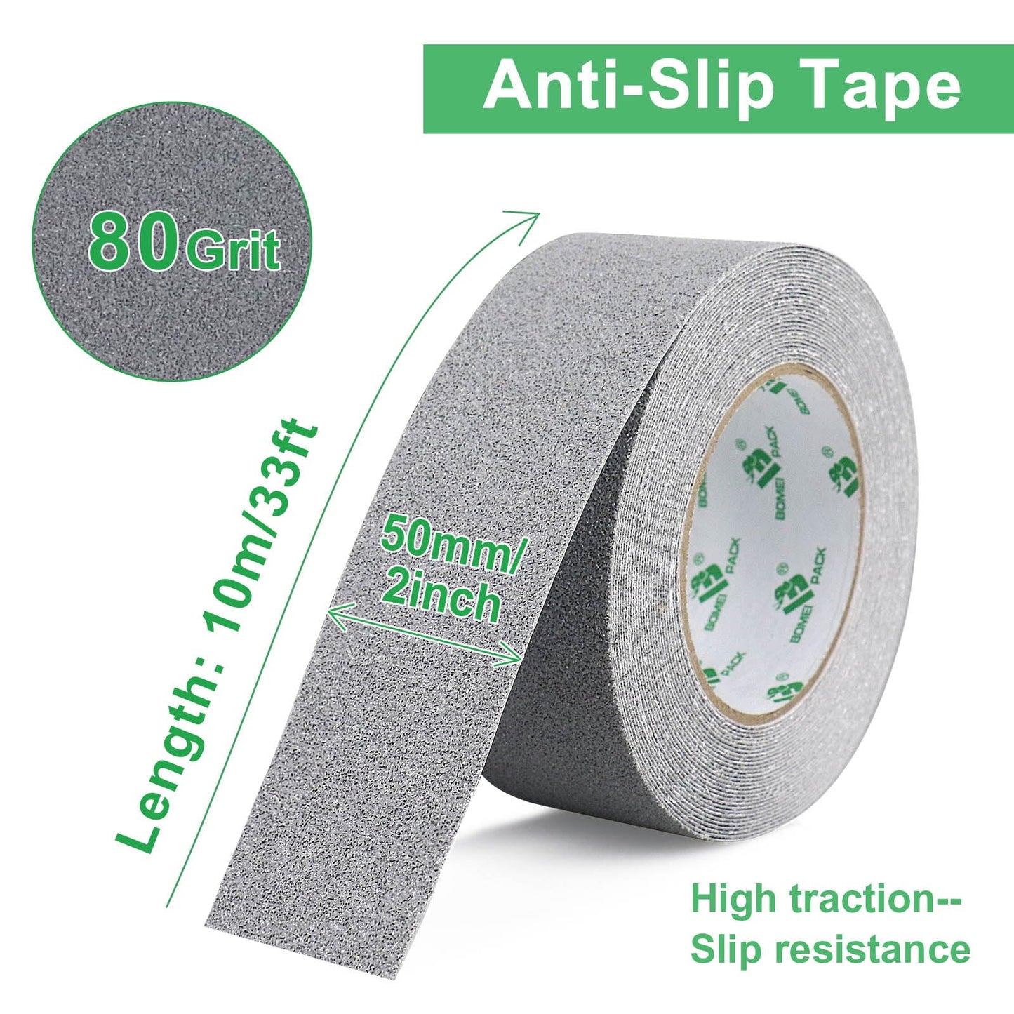 BOMEI PACK Heavy Duty Grey Anti Slip Tape, Waterproof Non Slip Safety Tape for Stair Steps Outdoor/Indoor, 2Rolls Grip Traction Tape 2 Inch x 33Ft